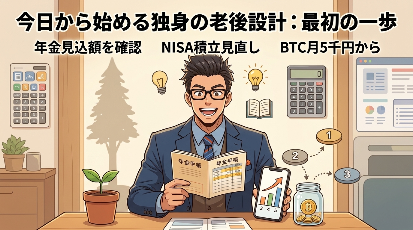 今日ひとつだけについて年金見込額を確認やNISA積立見直しやBTC月5千円からなどの要素を描いたイラスト