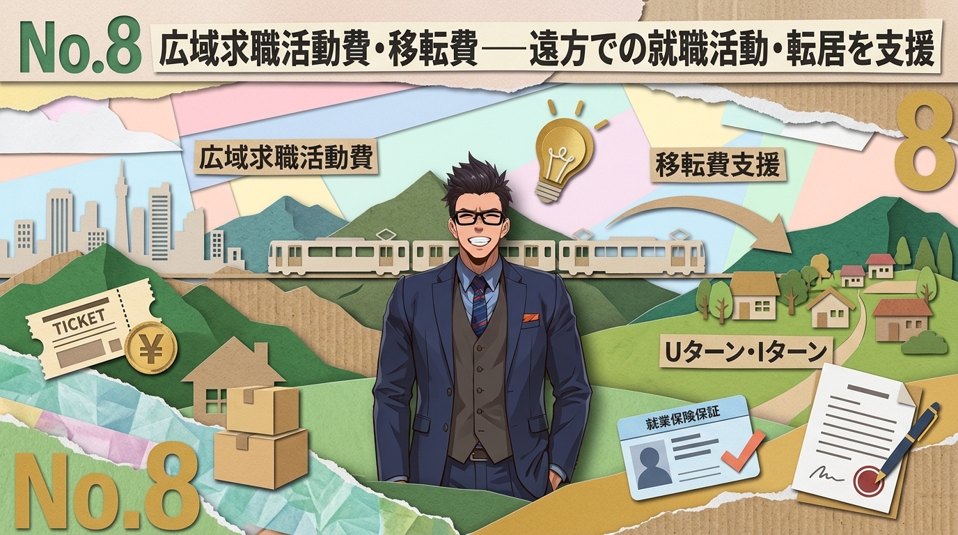 遠方就活、諦めてない?について広域求職活動費や移転費支援やUターン・Iターンなどの要素を描いたイラスト