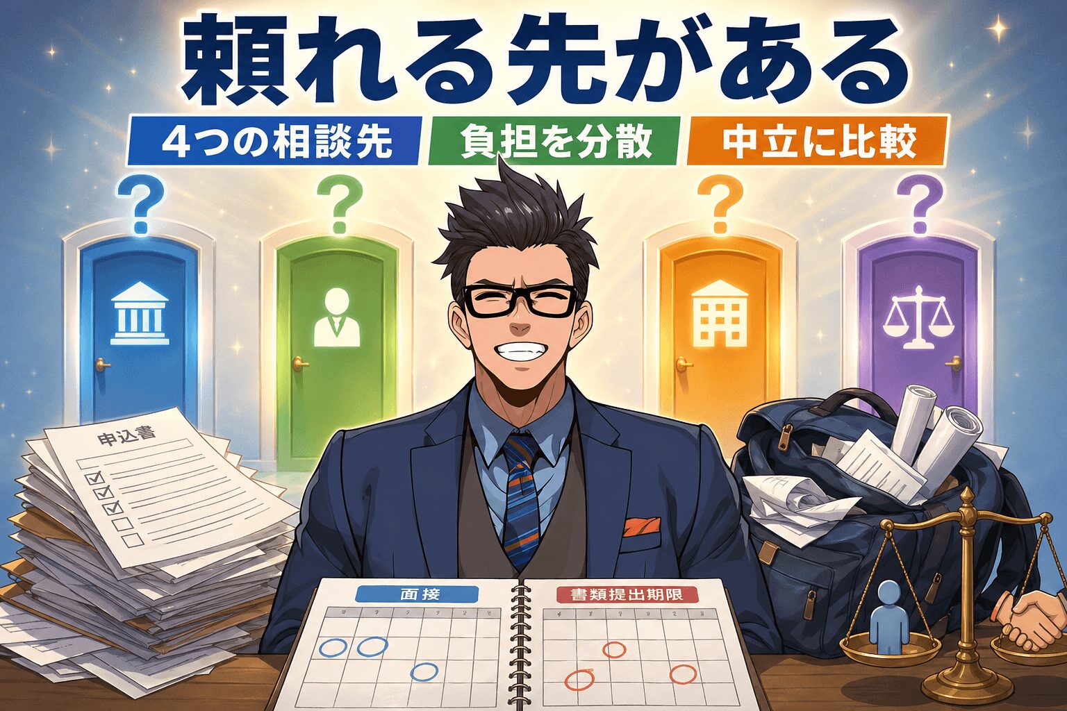 頼れる先があるについて4つの相談先や負担を分散や中立に比較などの要素を描いたイラスト