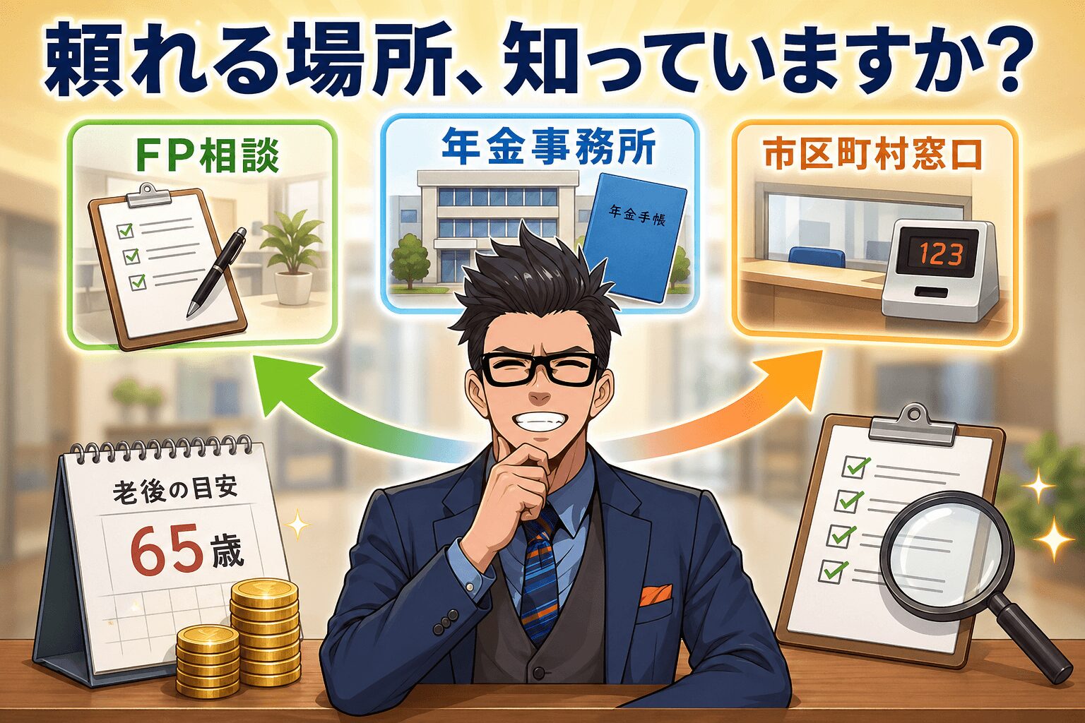 頼れる場所、知っていますか?についてFP相談や年金事務所や市区町村窓口などの要素を描いたイラスト