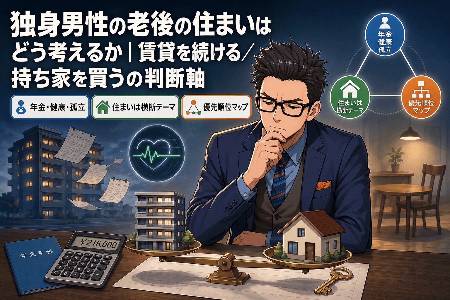 賃貸か持ち家か、答えは3つの軸で決まるについて年金・健康・孤立や住まいは横断テーマや優先順位マップなどの要素を描いたイラスト