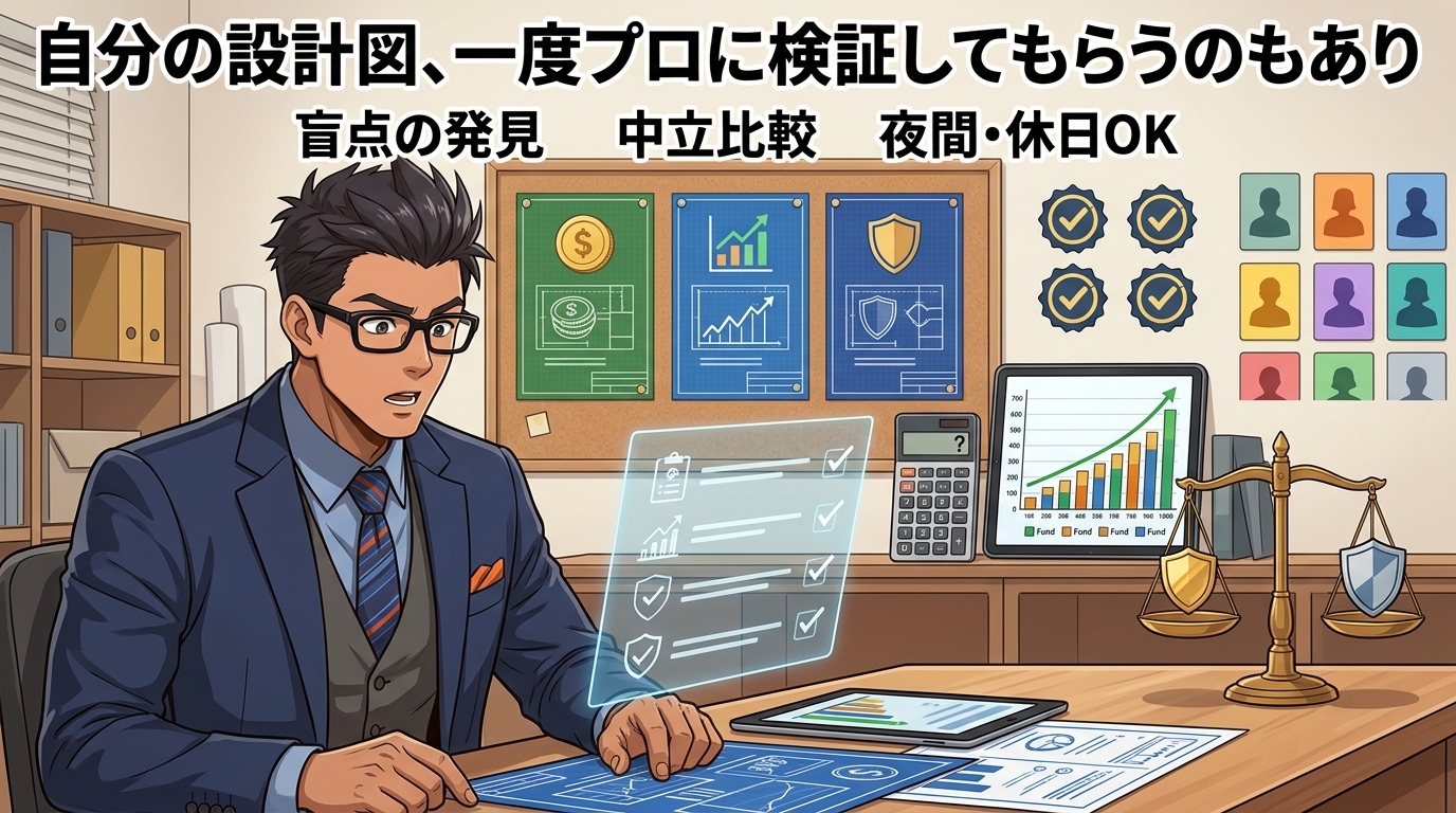 プロの目を借りるについて盲点の発見や中立比較や夜間・休日OKなどの要素を描いたイラスト