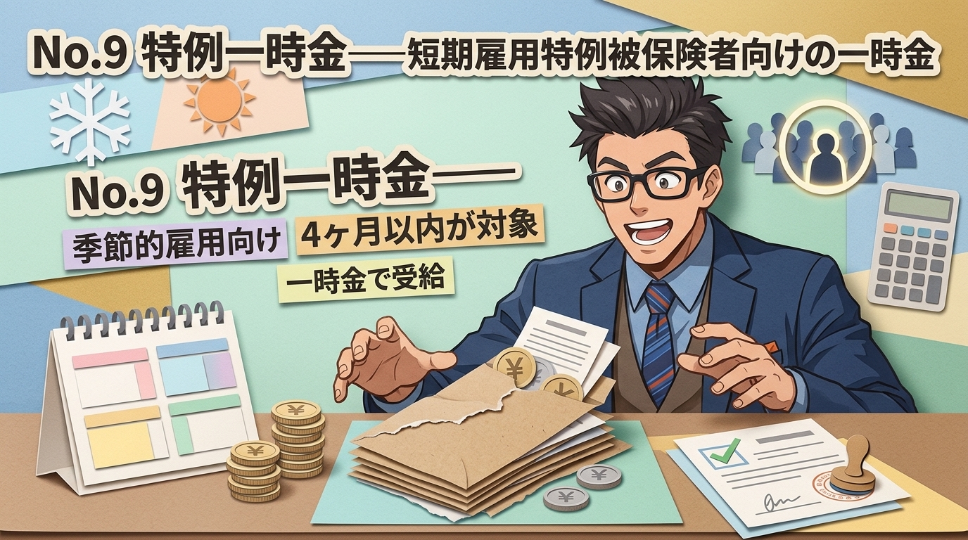 短期雇用の味方について季節的雇用向けや4ヶ月以内が対象や一時金で受給などの要素を描いたイラスト