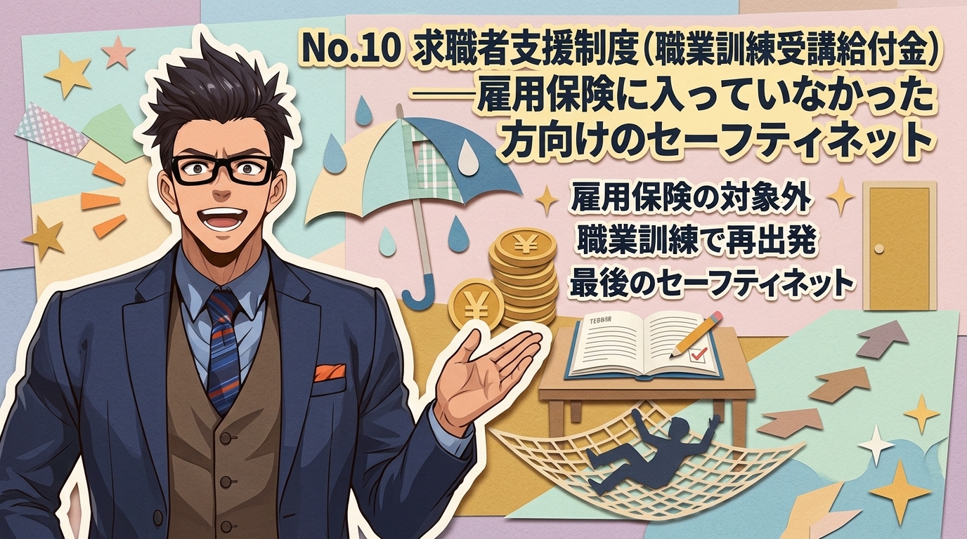 届かない人への砦について雇用保険の対象外や職業訓練で再出発や最後のセーフティネットなどの要素を描いたイラスト
