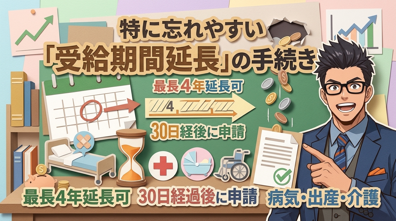 知らずに失う給付金について最長4年延長可や30日経過後に申請や病気・出産・介護などの要素を描いたイラスト