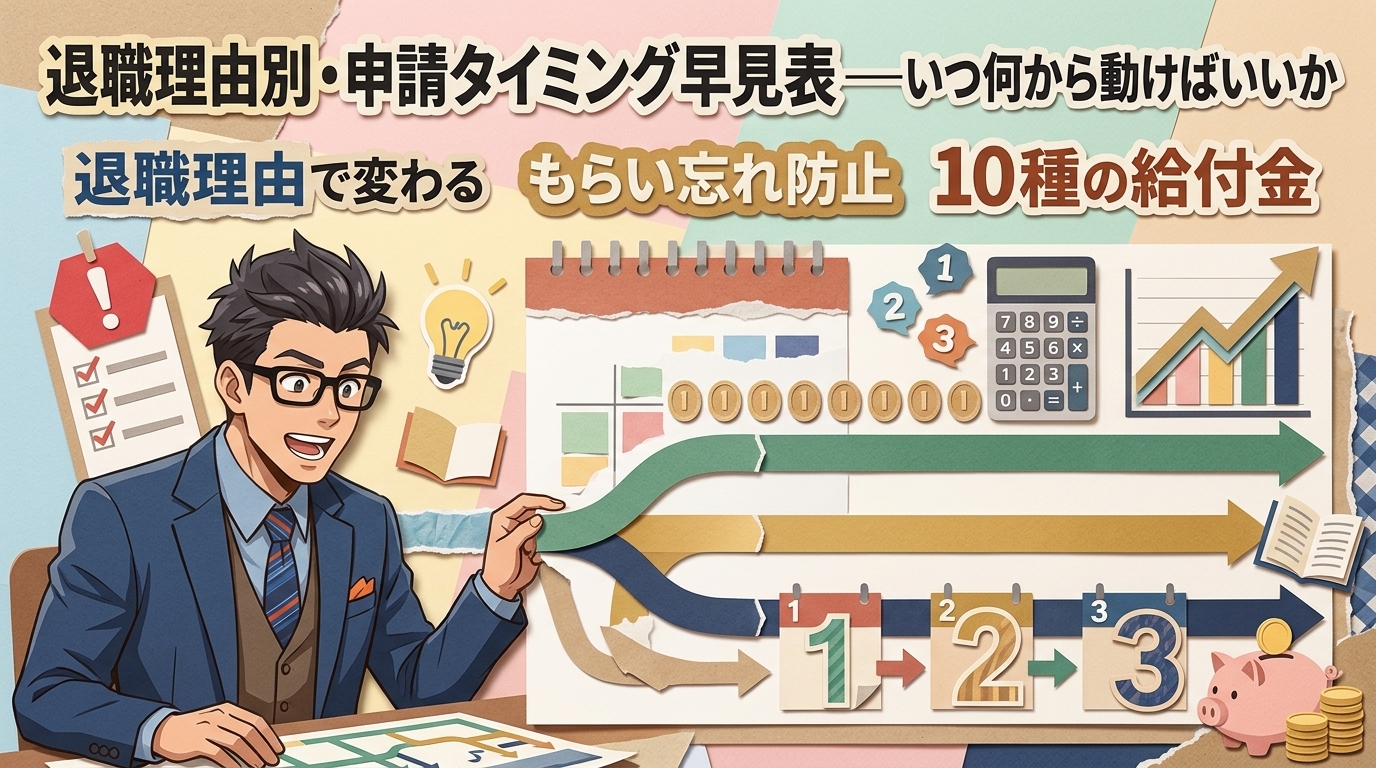 動く順番が命について退職理由で変わるやもらい忘れ防止や10種の給付金などの要素を描いたイラスト