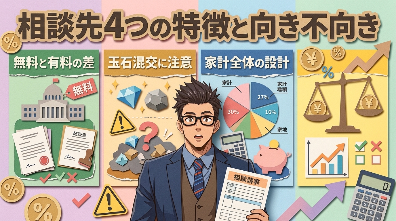 迷わない相談先選びについて無料と有料の差や玉石混交に注意や家計全体の設計などの要素を描いたイラスト