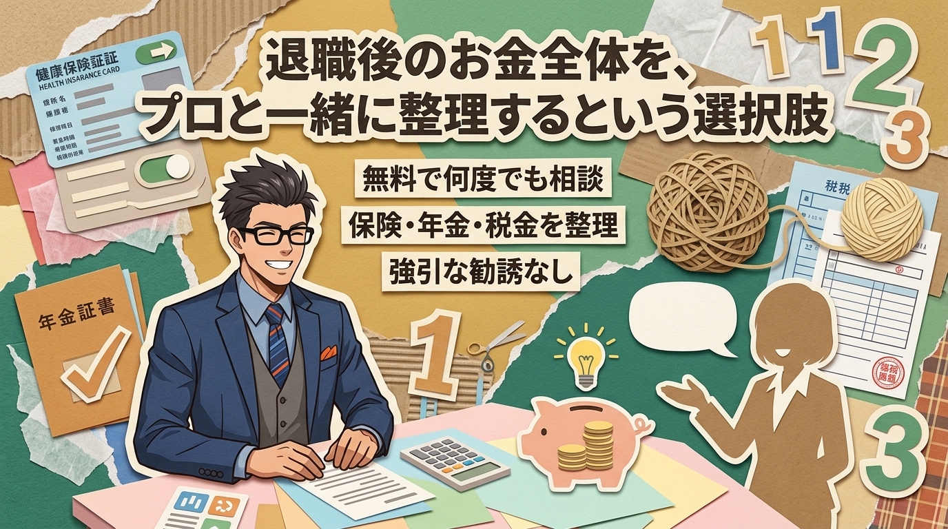 ひとりで抱えないでについて無料で何度でも相談や保険・年金・税金を整理や強引な勧誘なしなどの要素を描いたイラスト