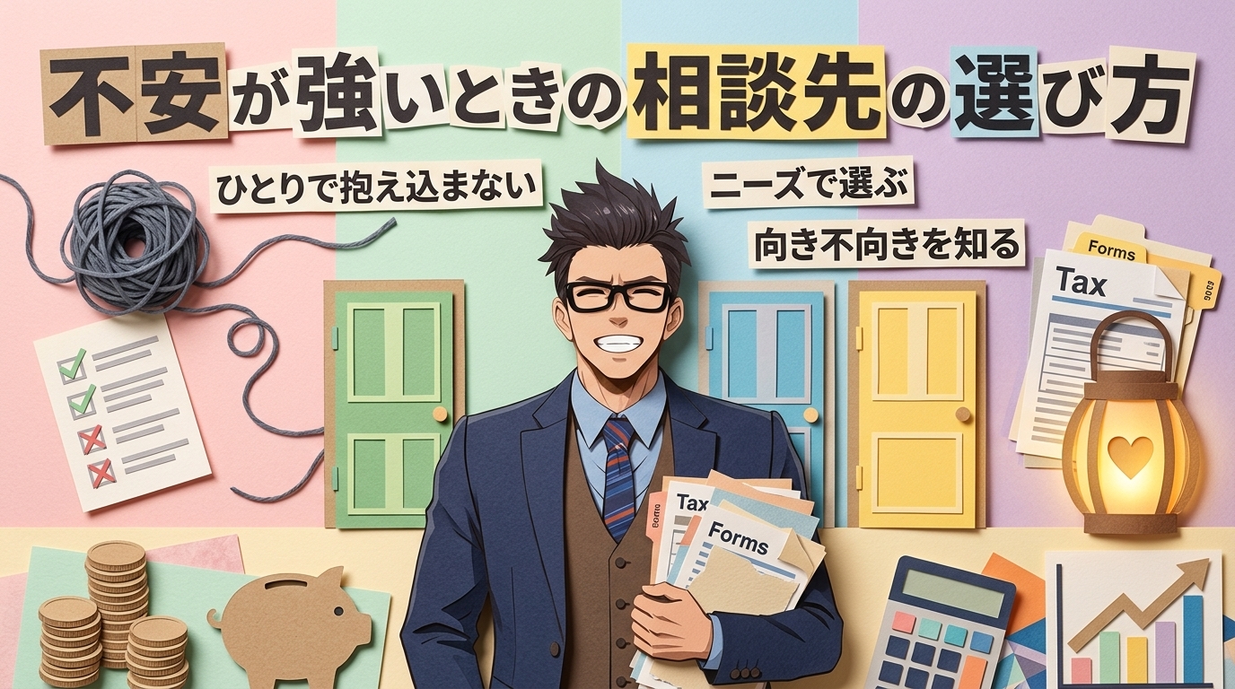 頼れる窓口があるについてひとりで抱え込まないやニーズで選ぶや向き不向きを知るなどの要素を描いたイラスト