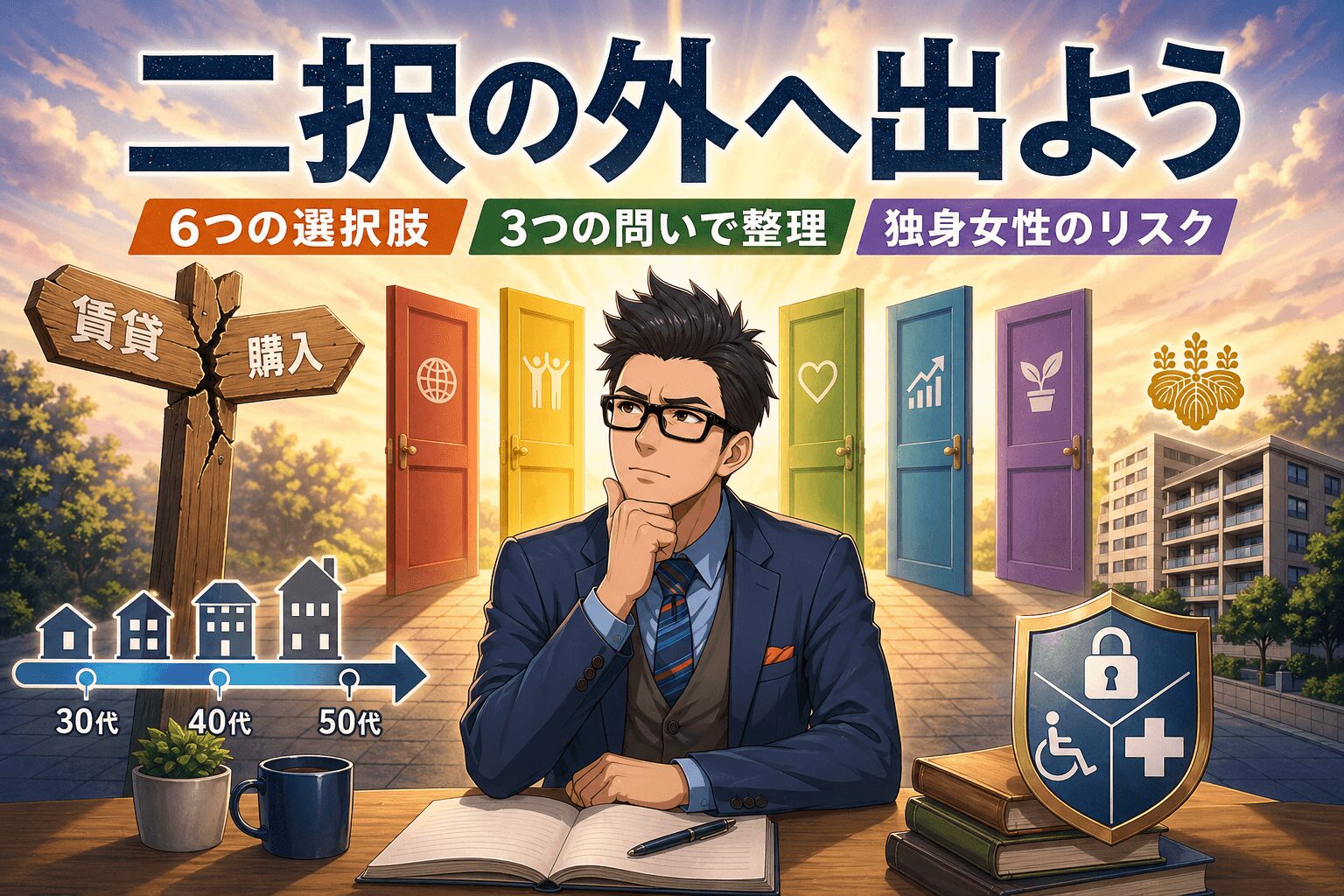 二択の外へ出ようについて6つの選択肢や3つの問いで整理や独身女性のリスクなどの要素を描いたイラスト