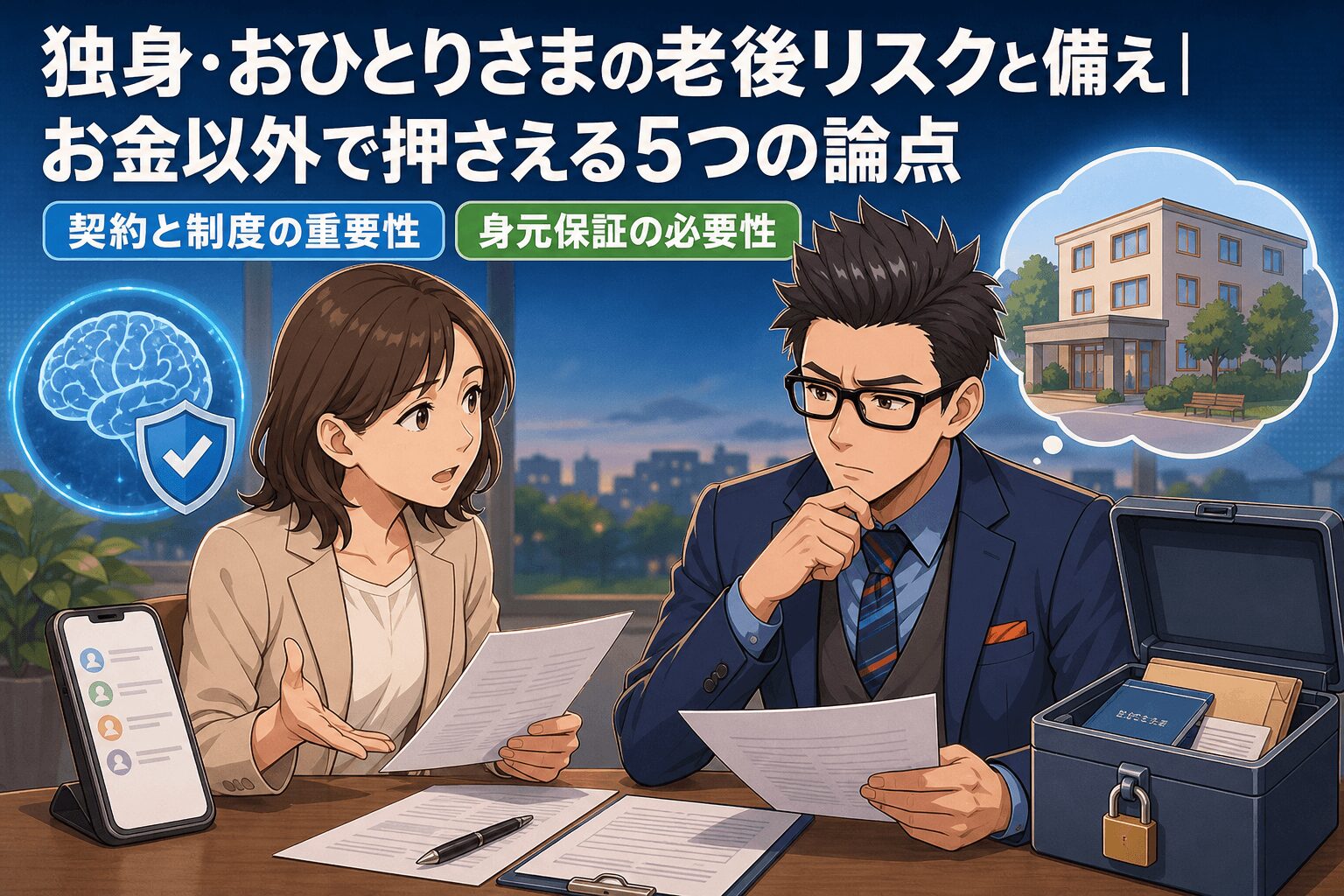 独身・おひとりさまの老後備えについて任意後見や身元保証や親亡き後や男女別配慮や子に頼らない設計などの要素を描いたイラスト