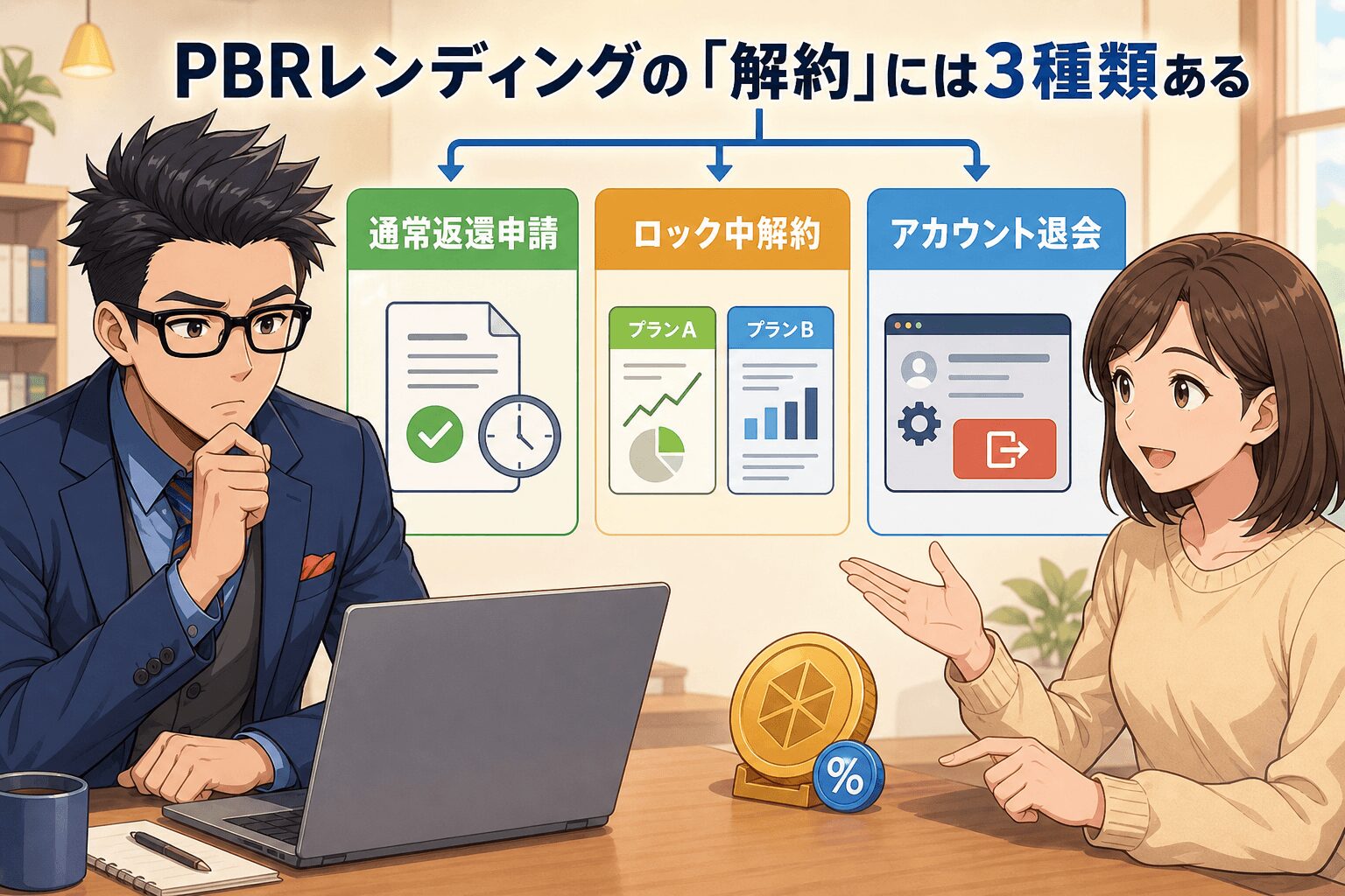 解約手続きの混乱を解消！について通常返還申請やロック中解約やアカウント退会などの要素を描いたイラスト