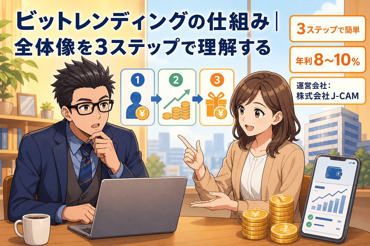 利息が驚異の8〜10%!ビットレンディングの秘密について3ステップで簡単や年利8〜10%や運営会社:株式会社J-CAMなどの要素を描いたイラスト