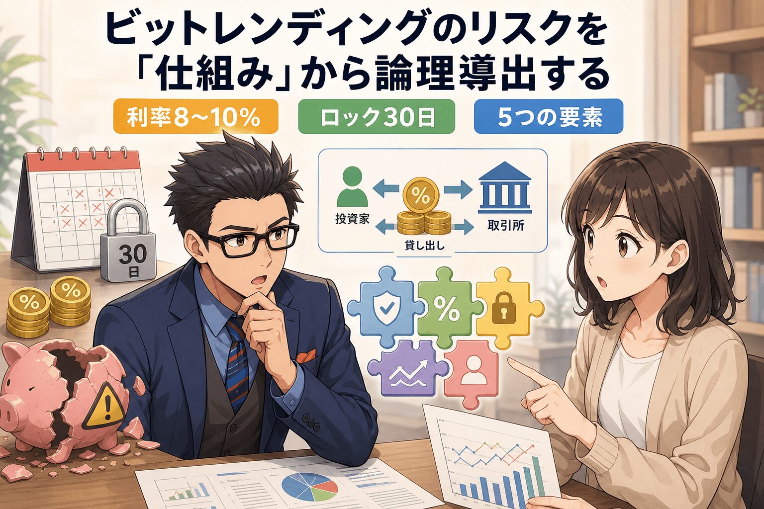 ビットレンディングのリスクを理解せよ!について利率8〜10%やロック30日や5つの要素などの要素を描いたイラスト