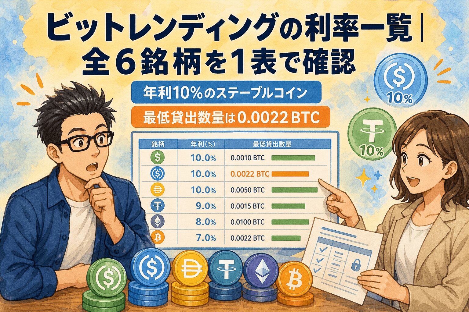高利率の秘密、全銘柄を横並びで確認!について年利10%のステーブルコインや最低貸出数量は0.0022 BTCなどの要素を描いたイラスト