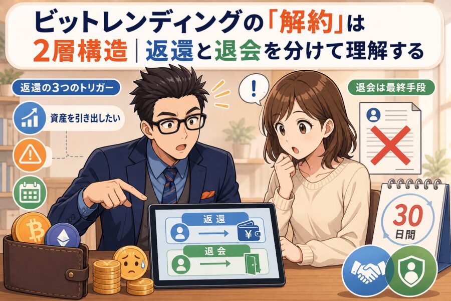 返還と退会の違い、知ってますか？について返還の3つのトリガーや資産を引き出したいや退会は最終手段などの要素を描いたイラスト
