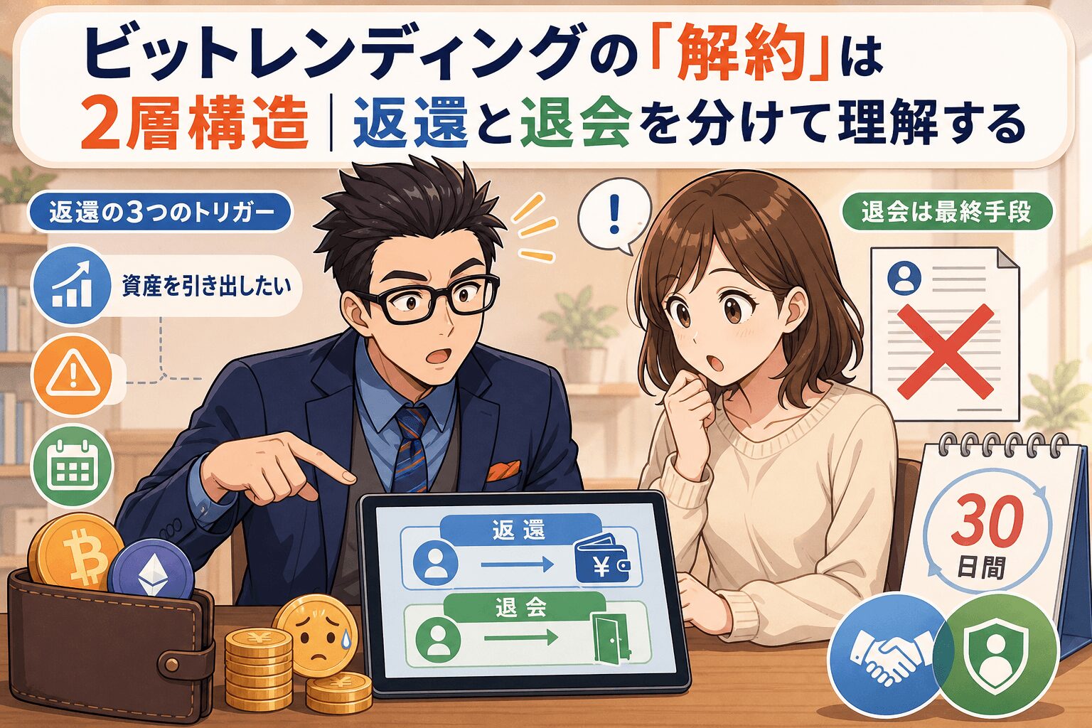 返還と退会の違い、知ってますか？について返還の3つのトリガーや資産を引き出したいや退会は最終手段などの要素を描いたイラスト