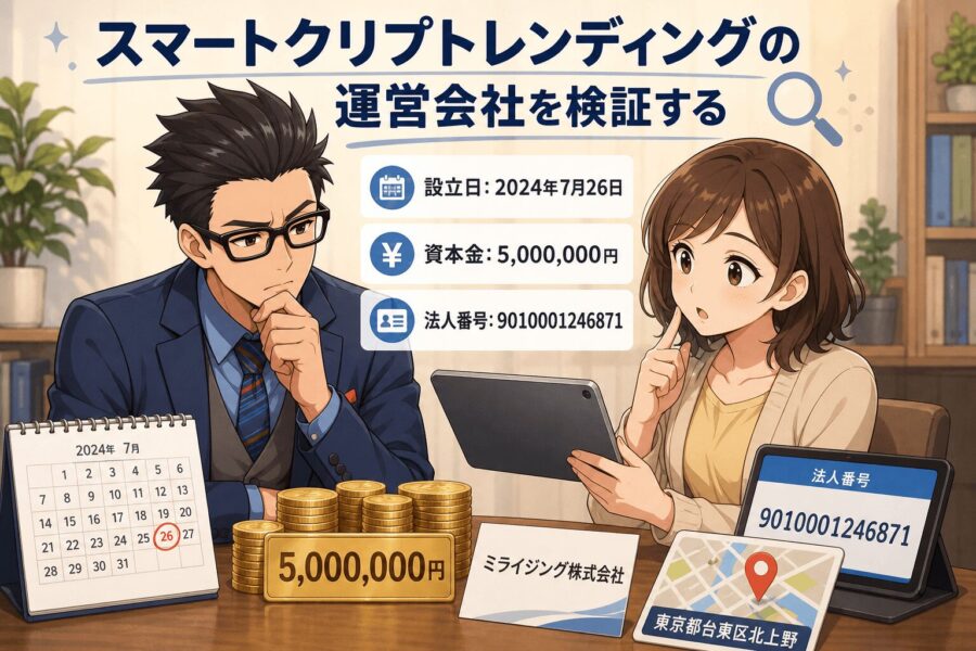 運営会社は本当に信頼できるのか？について設立日: 2024年7月26日や資本金: 5,000,000円や法人番号: 9010001246871などの要素を描いたイラスト