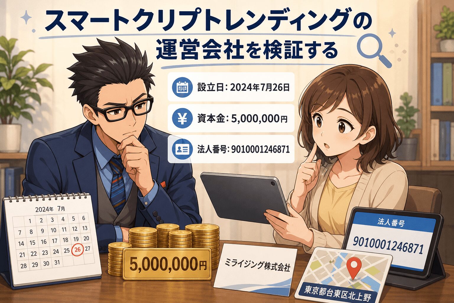 運営会社は本当に信頼できるのか?について設立日: 2024年7月26日や資本金: 5,000,000円や法人番号: 9010001246871などの要素を描いたイラスト