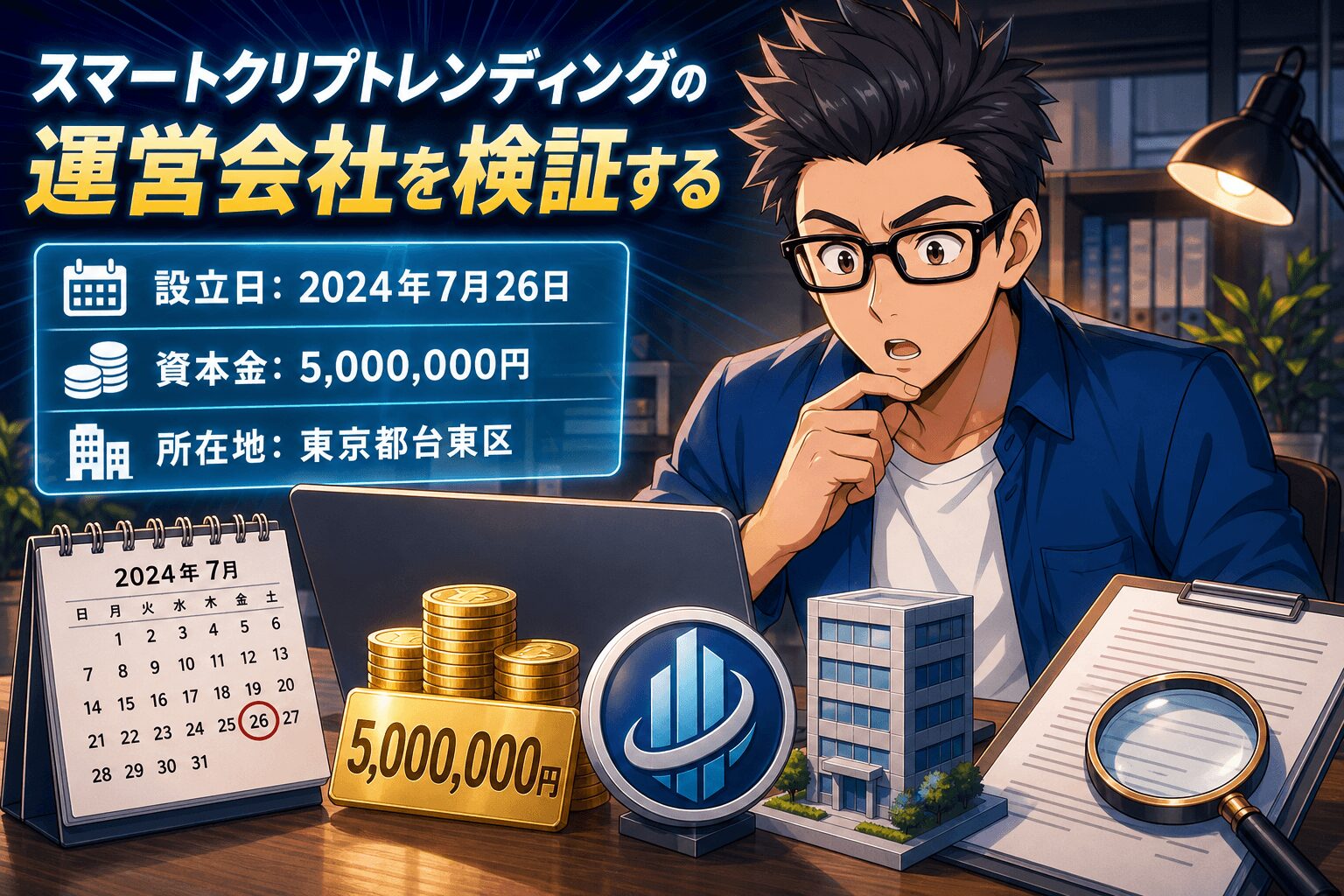 運営会社は本当に信頼できるのか?について設立日: 2024年7月26日や資本金: 5,000,000円や所在地: 東京都台東区などの要素を描いたイラスト