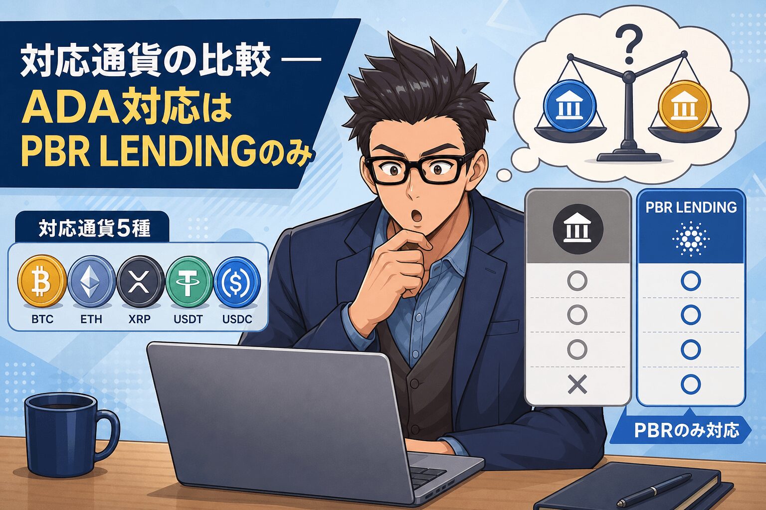 ADA対応はPBR LENDINGのみ・共通5通貨ありなどの要素を描いたイラスト
