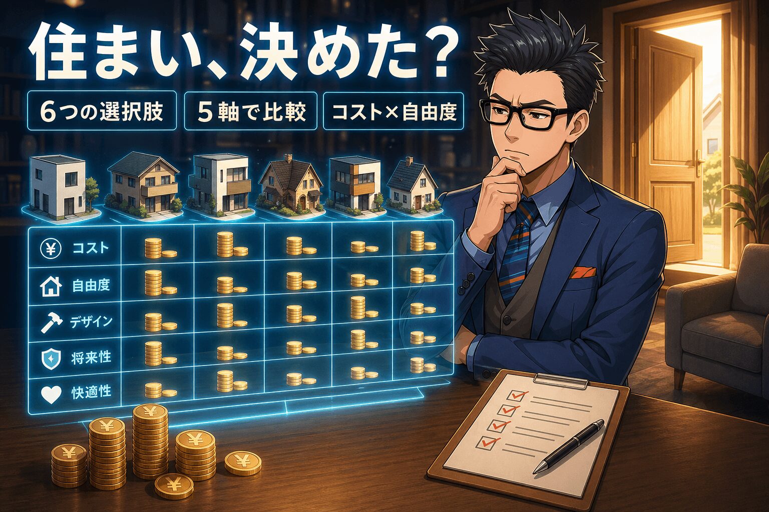 住まい、決めた?について6つの選択肢や5軸で比較やコスト×自由度などの要素を描いたイラスト