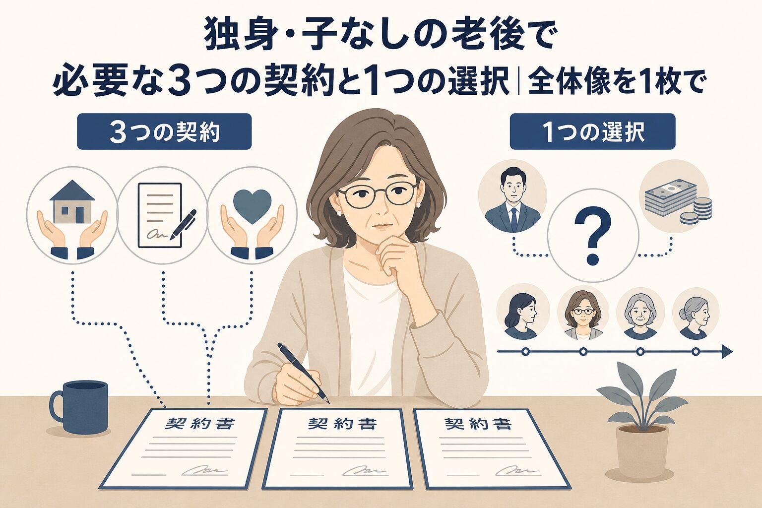 老後に備えるための必須契約とは?について3つの契約や1つの選択などの要素を描いたイラスト