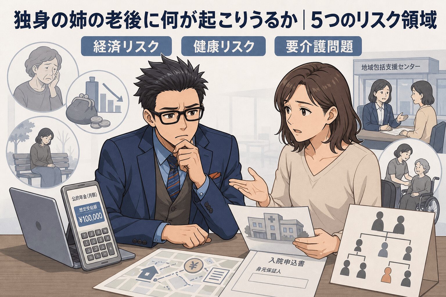 独身姉の老後、5つのリスクを把握せよ!について経済リスクや健康リスクや要介護問題などの要素を描いたイラスト
