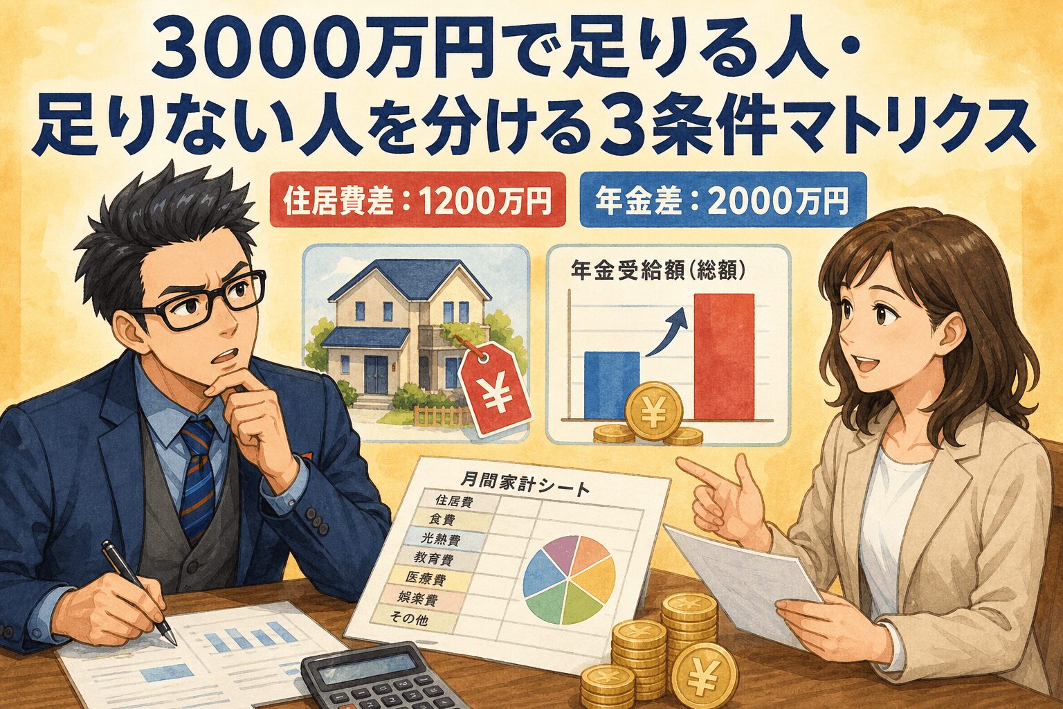 3000万円で安心できる老後はこれだ!について住居費差:1200万円や年金差:2000万円などの要素を描いたイラスト
