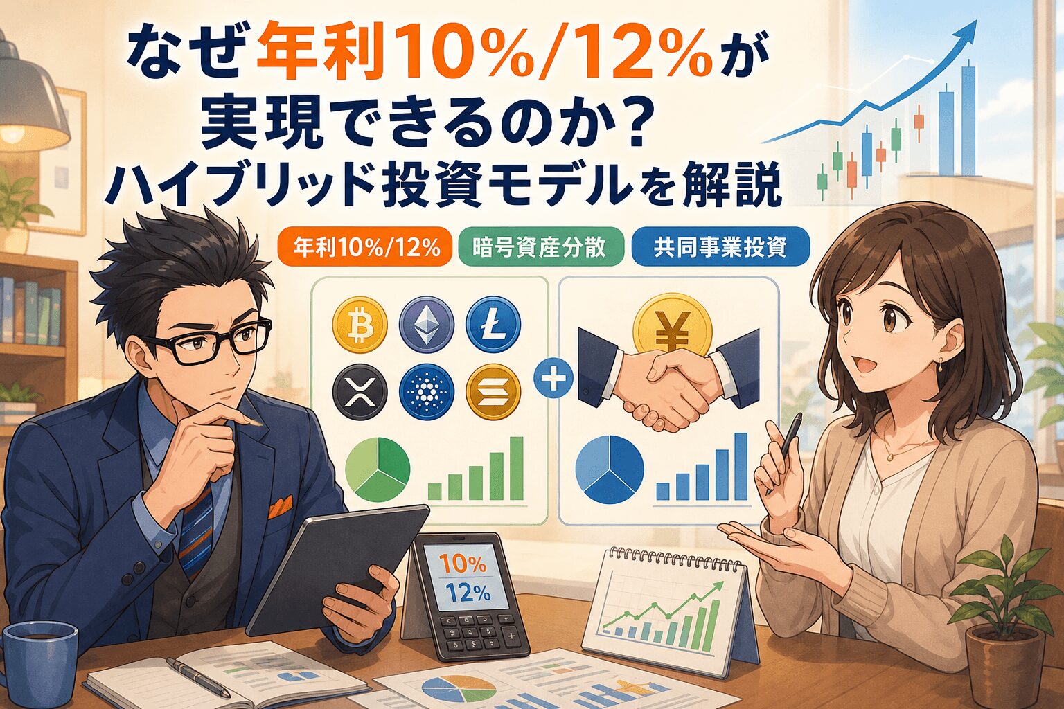 資産を増やす2つの秘密!について年利10%/12%や暗号資産分散や共同事業投資などの要素を描いたイラスト