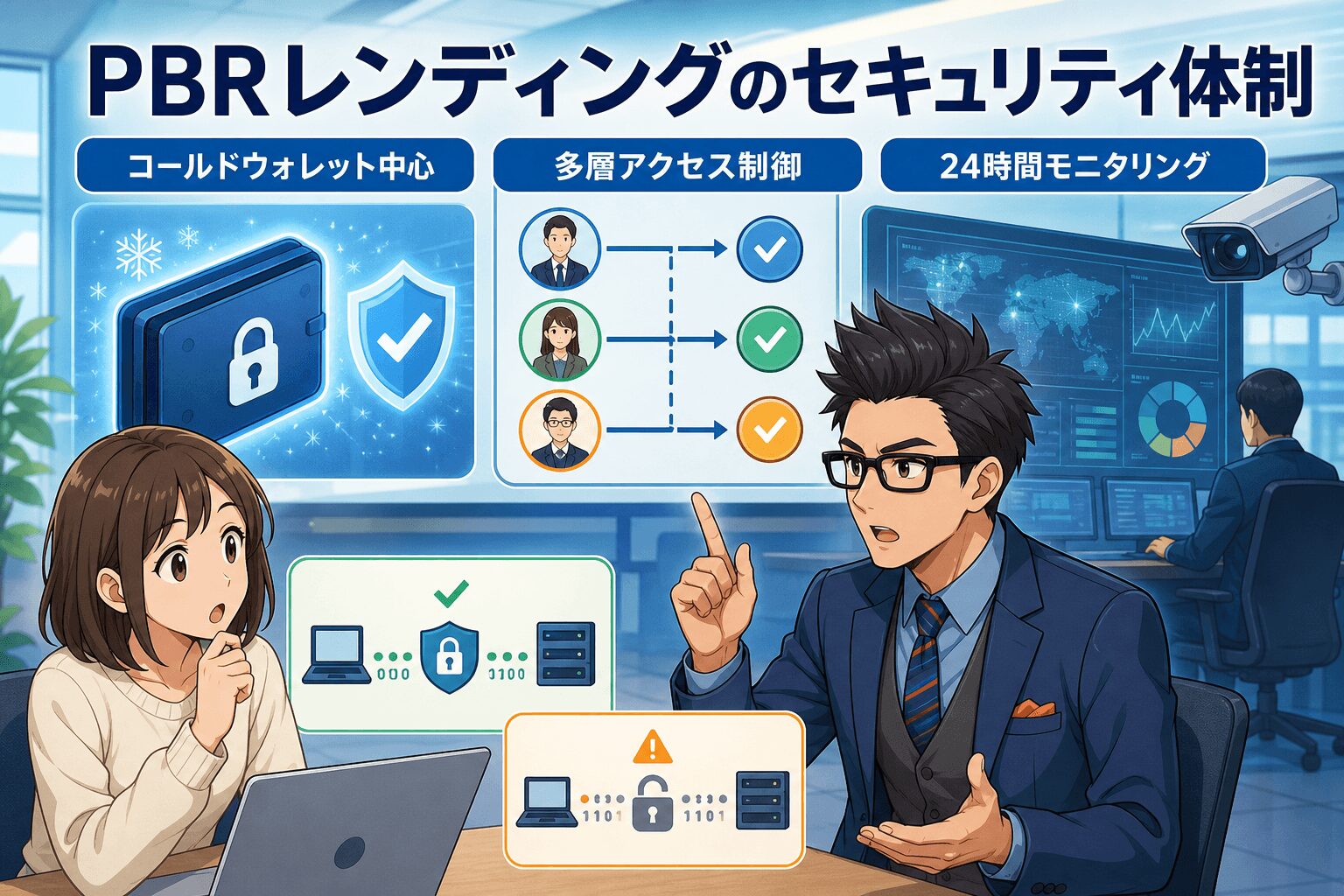 セキュリティ対策は万全?についてコールドウォレット中心や多層アクセス制御や24時間モニタリングなどの要素を描いたイラスト