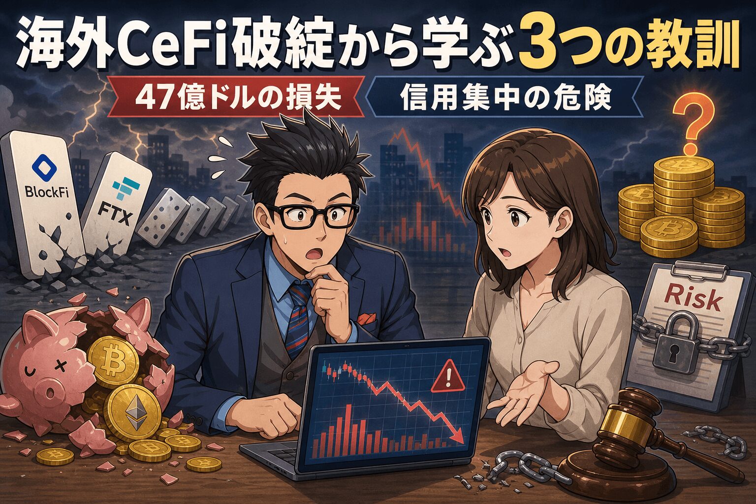 過信が招いた資産喪失の教訓について47億ドルの損失や信用集中の危険などの要素を描いたイラスト