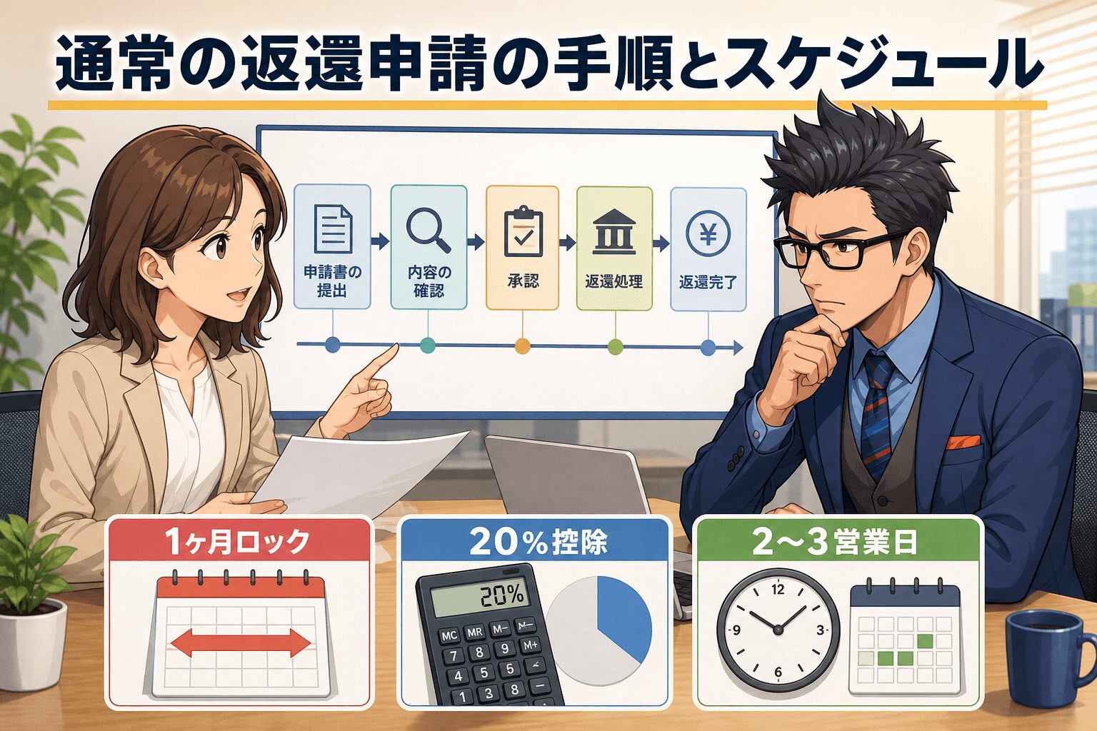 契約プランによる返還申請の落とし穴について1ヶ月ロックや20%控除や2〜3営業日などの要素を描いたイラスト