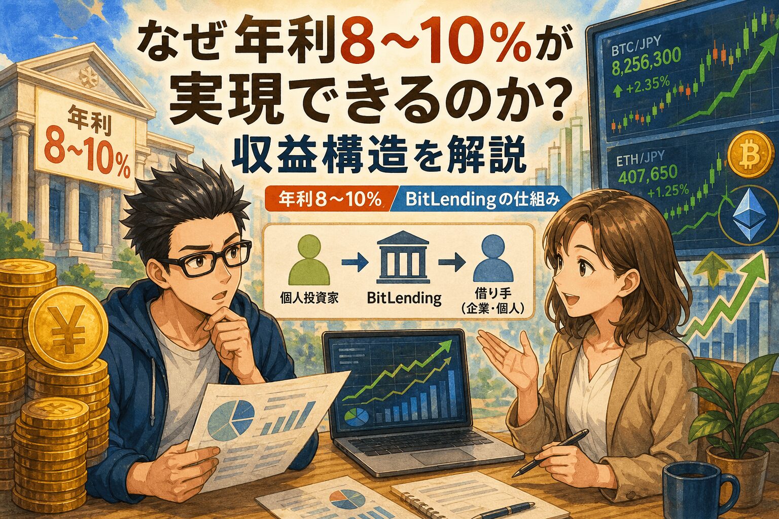 高利回りの秘密はココにある!について年利8〜10%やBitLendingの仕組みなどの要素を描いたイラスト