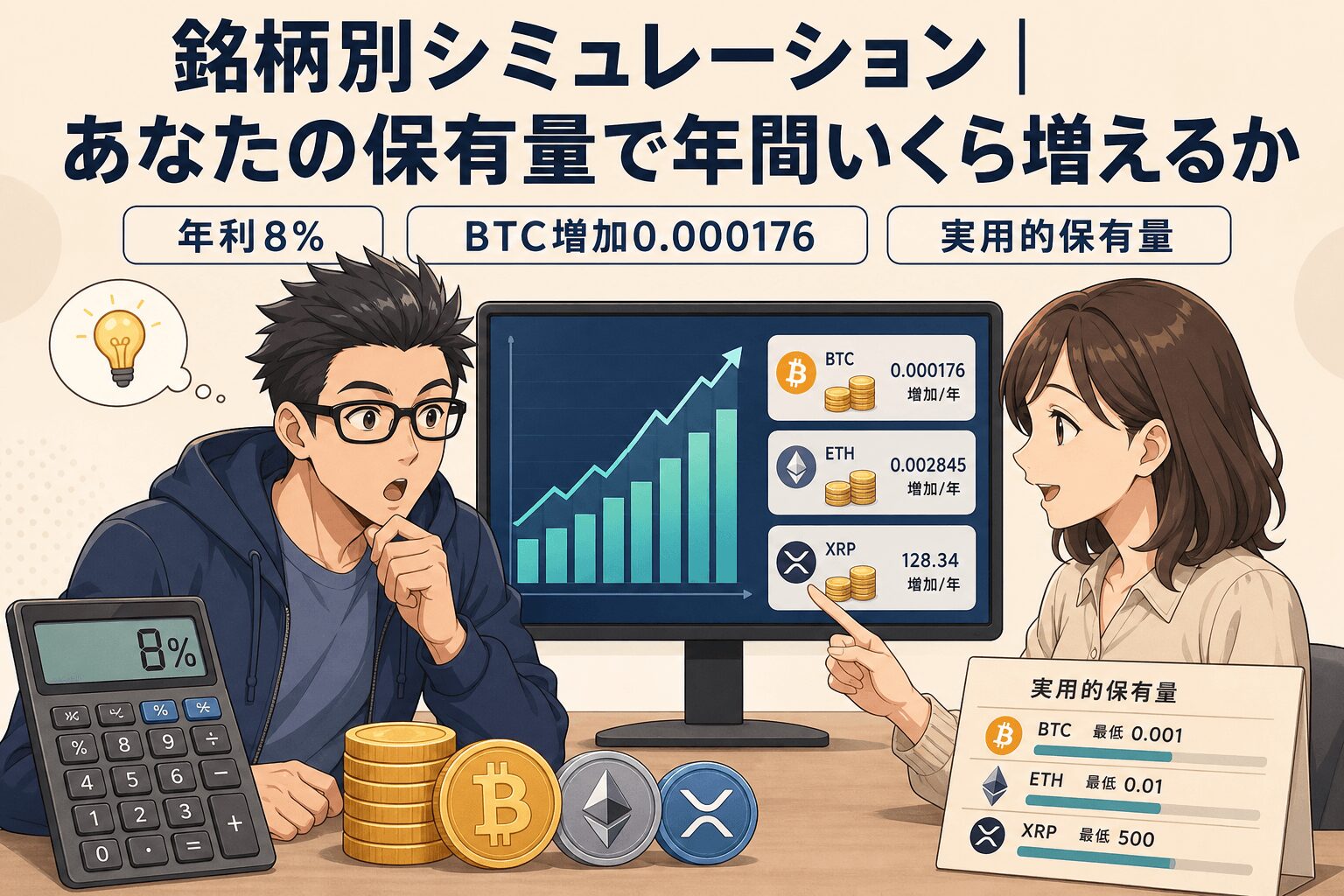 保有量で変わる利息は驚きの結果!について年利8%やBTC増加0.000176や実用的保有量などの要素を描いたイラスト