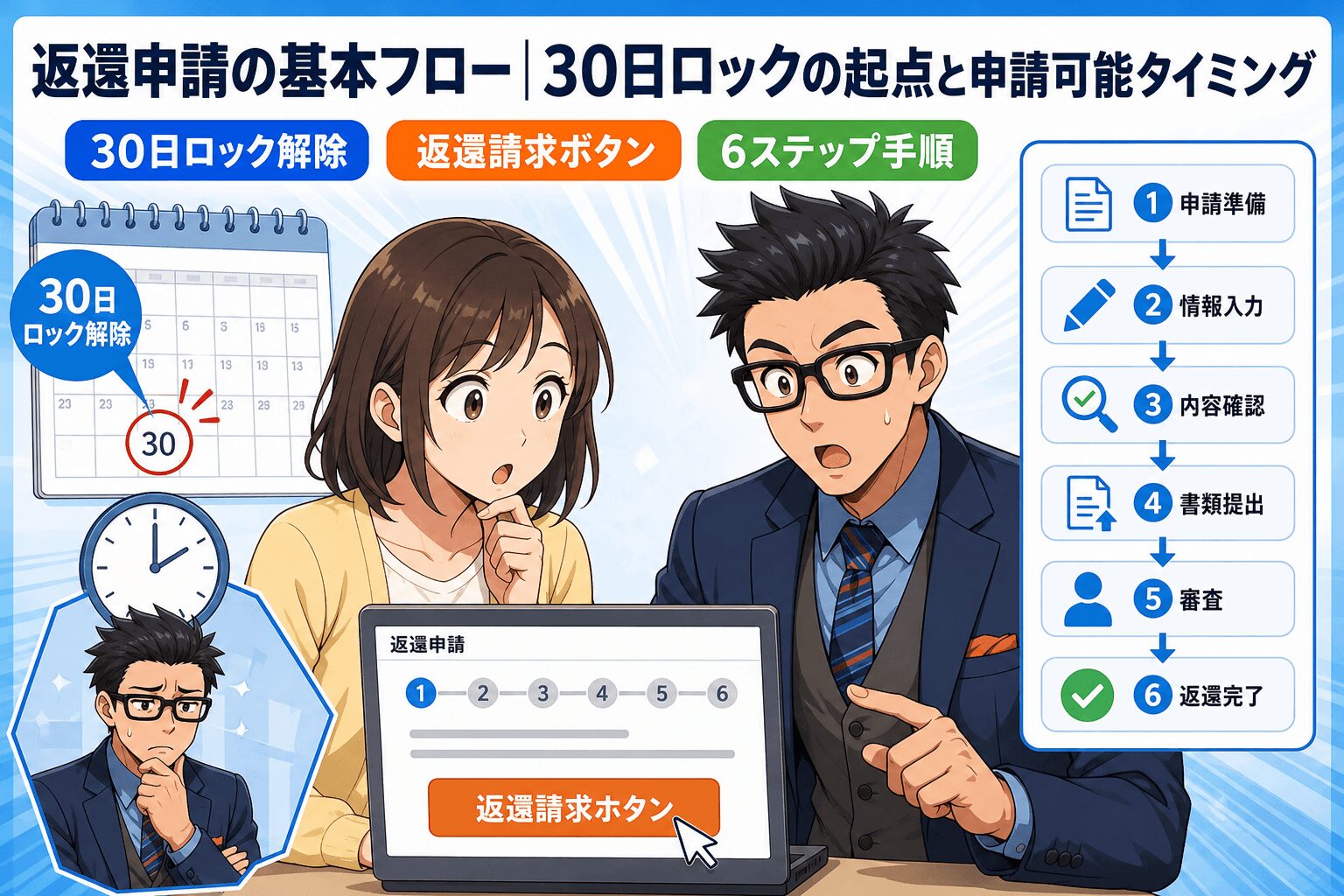 30日経過後も注意が必要!について30日ロック解除や返還請求ボタンや6ステップ手順などの要素を描いたイラスト