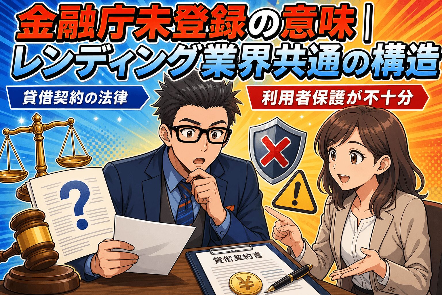 登録がなくても違法ではない!について貸借契約の法律や利用者保護が不十分などの要素を描いたイラスト