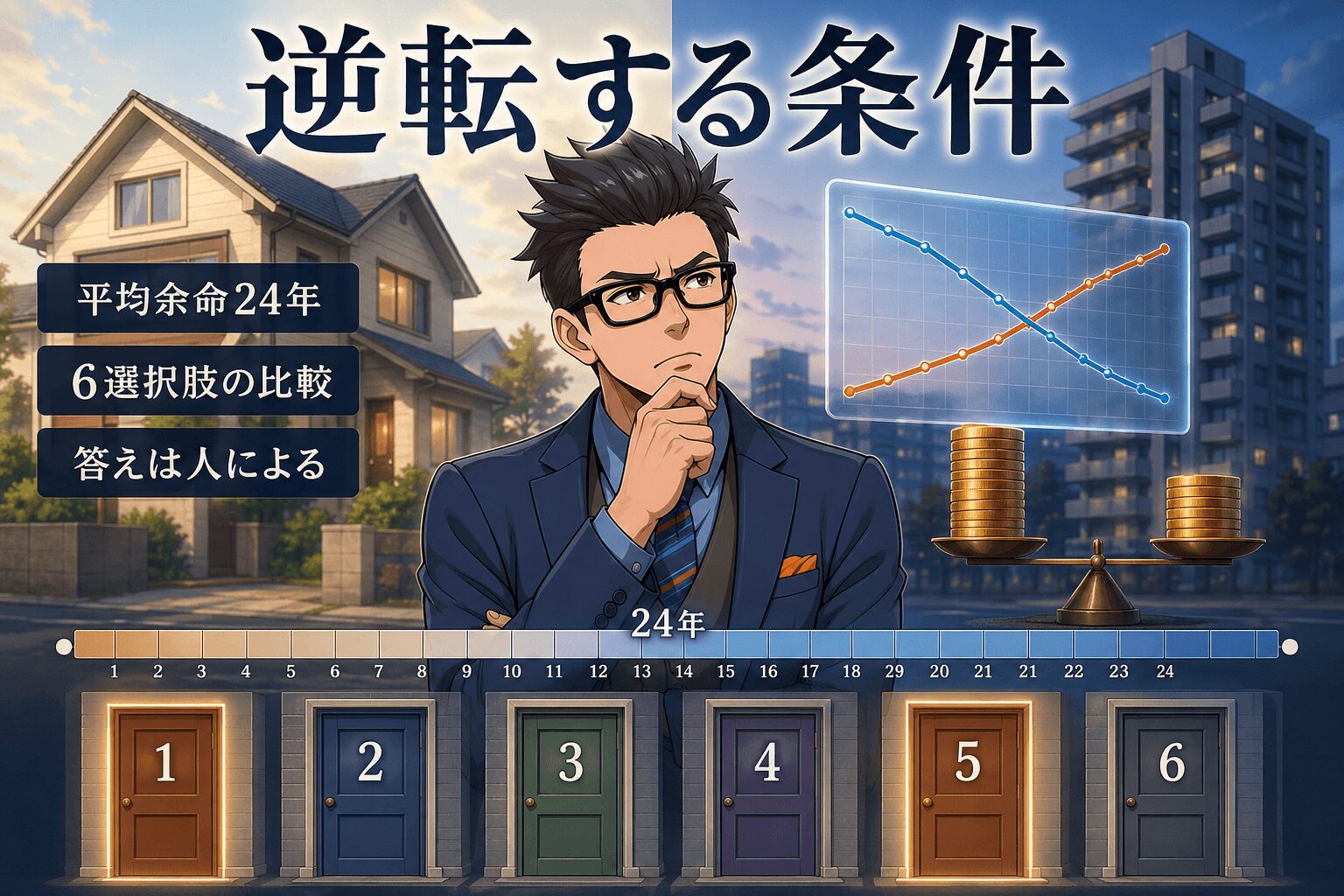 逆転する条件について平均余命24年や6選択肢の比較や答えは人によるなどの要素を描いたイラスト