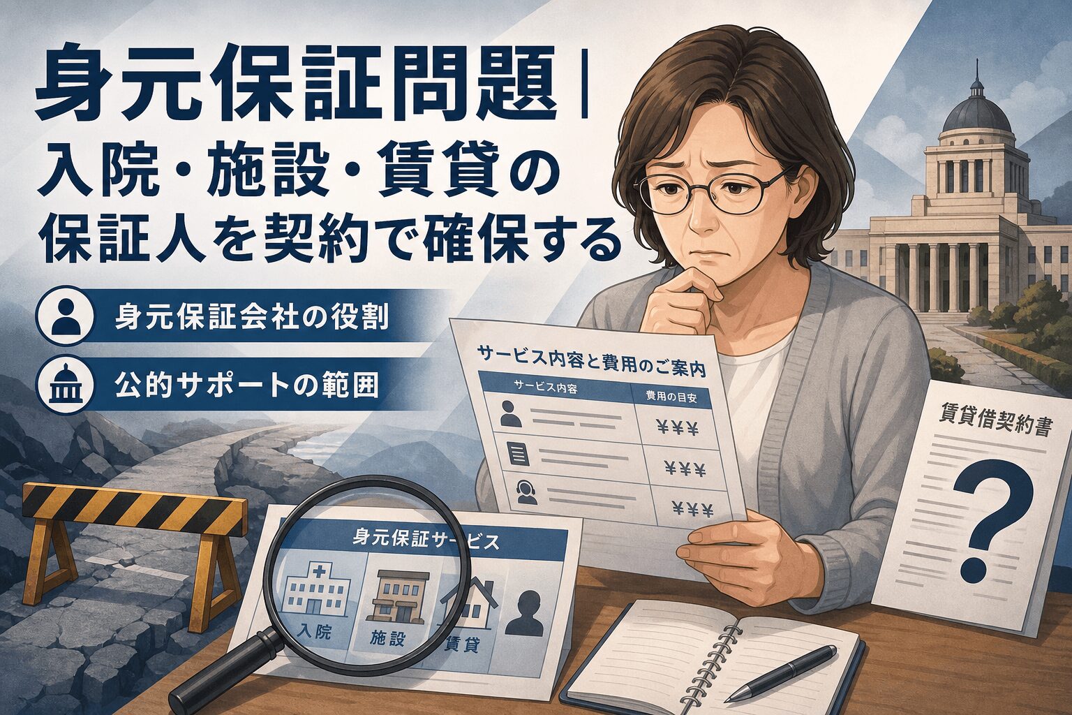 老後の安心を手に入れるためにについて身元保証会社の役割や公的サポートの範囲などの要素を描いたイラスト
