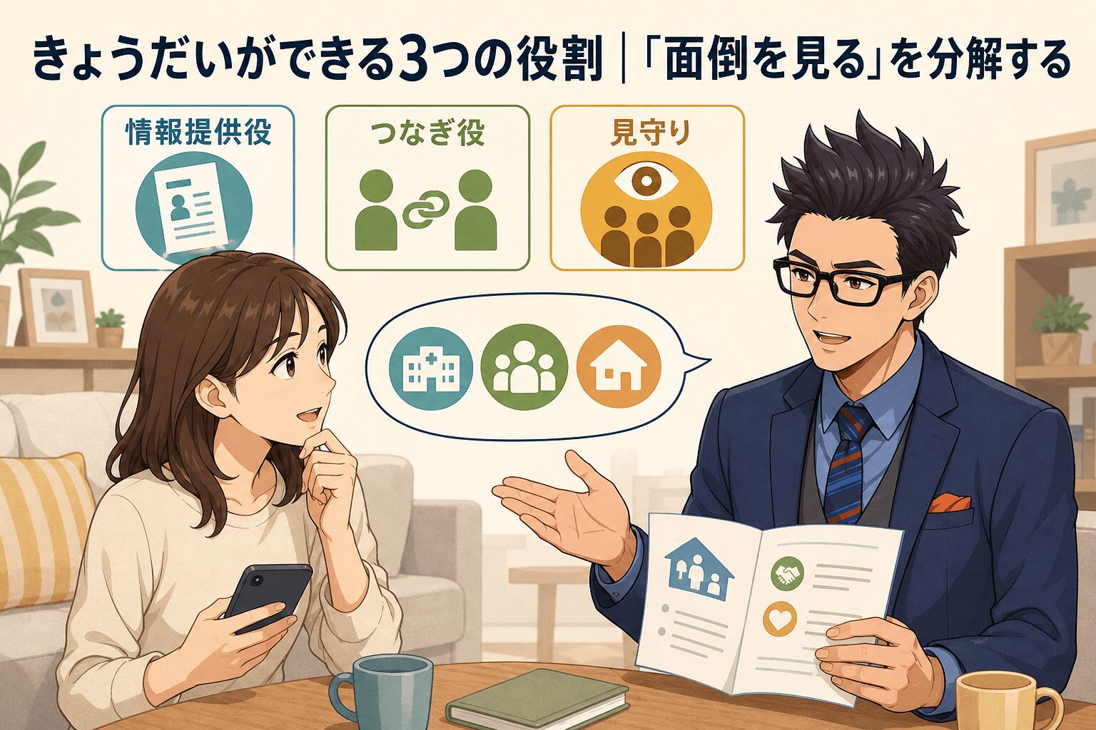 面倒を見る役割を見える化しよう!について情報提供役やつなぎ役や見守りなどの要素を描いたイラスト