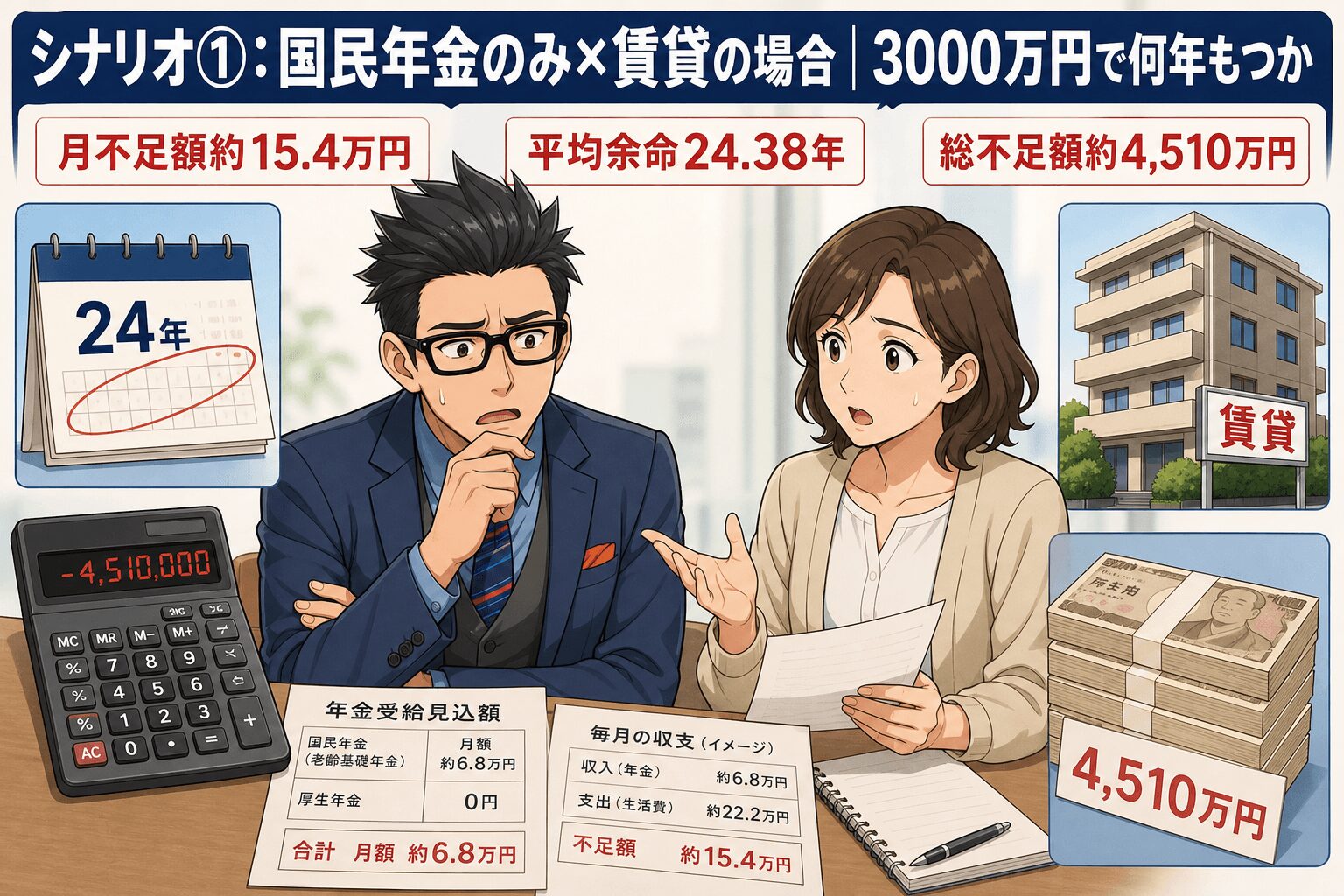 3000万円では足りない!賃貸生活の現実について月不足額約15.4万円や平均余命24.38年や総不足額約4,510万円などの要素を描いたイラスト