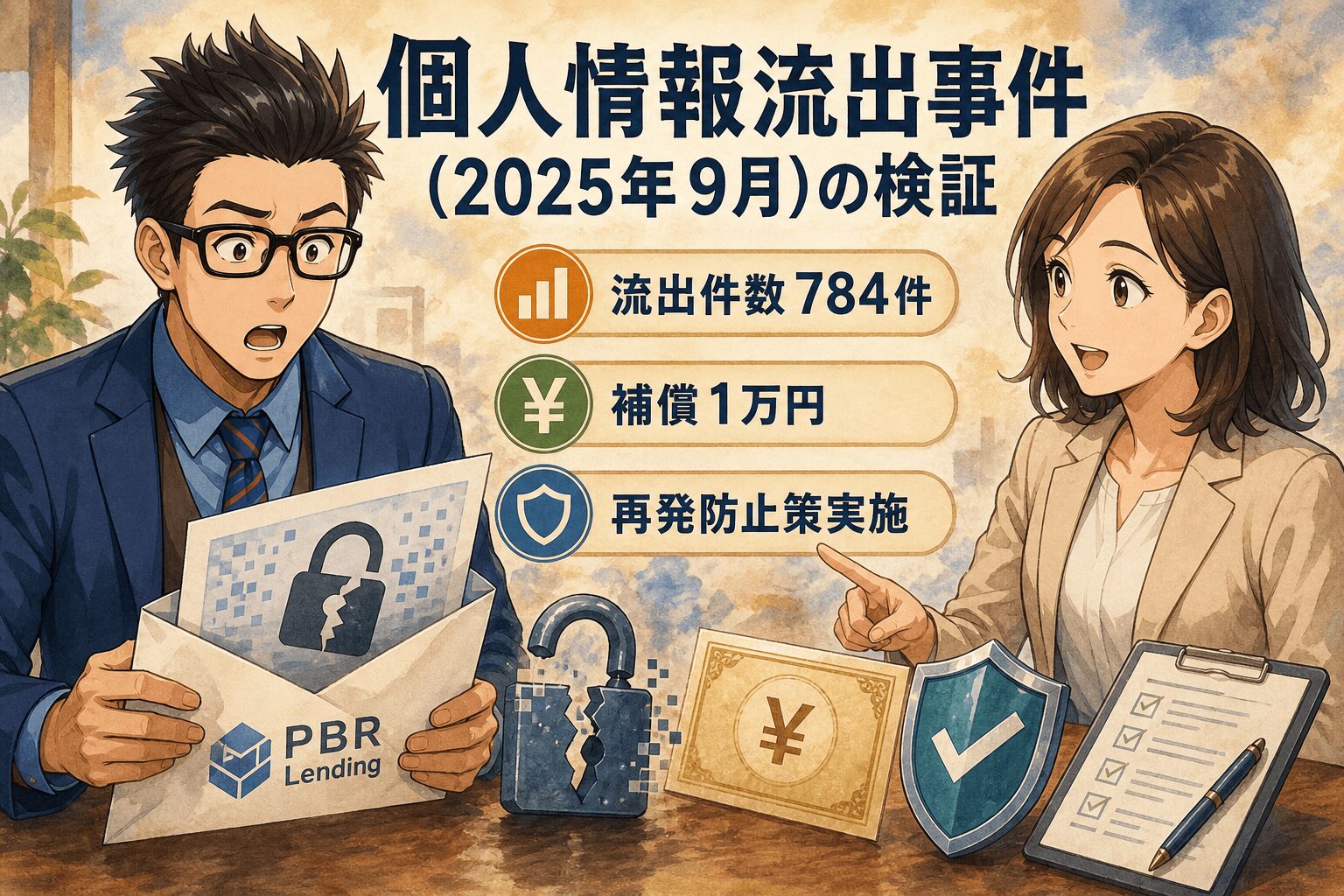 あなたの情報は安全?流出事件の真相について流出件数784件や補償1万円や再発防止策実施などの要素を描いたイラスト