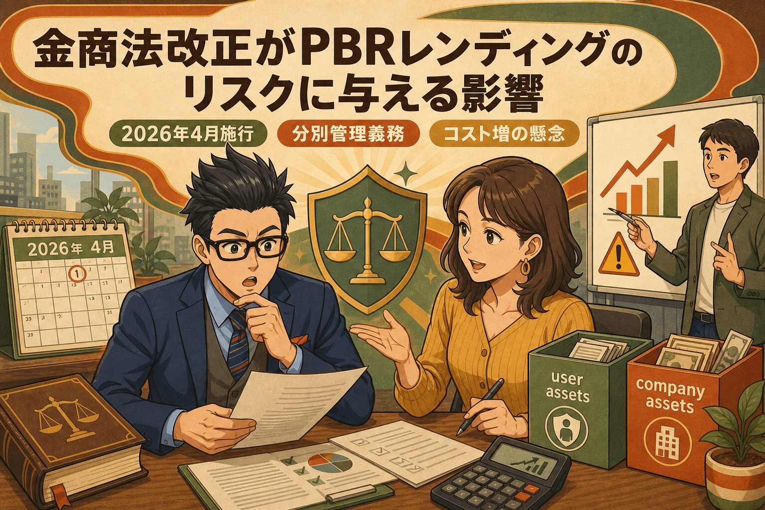 暗号資産の保護が強化される!について2026年4月施行や分別管理義務やコスト増の懸念などの要素を描いたイラスト