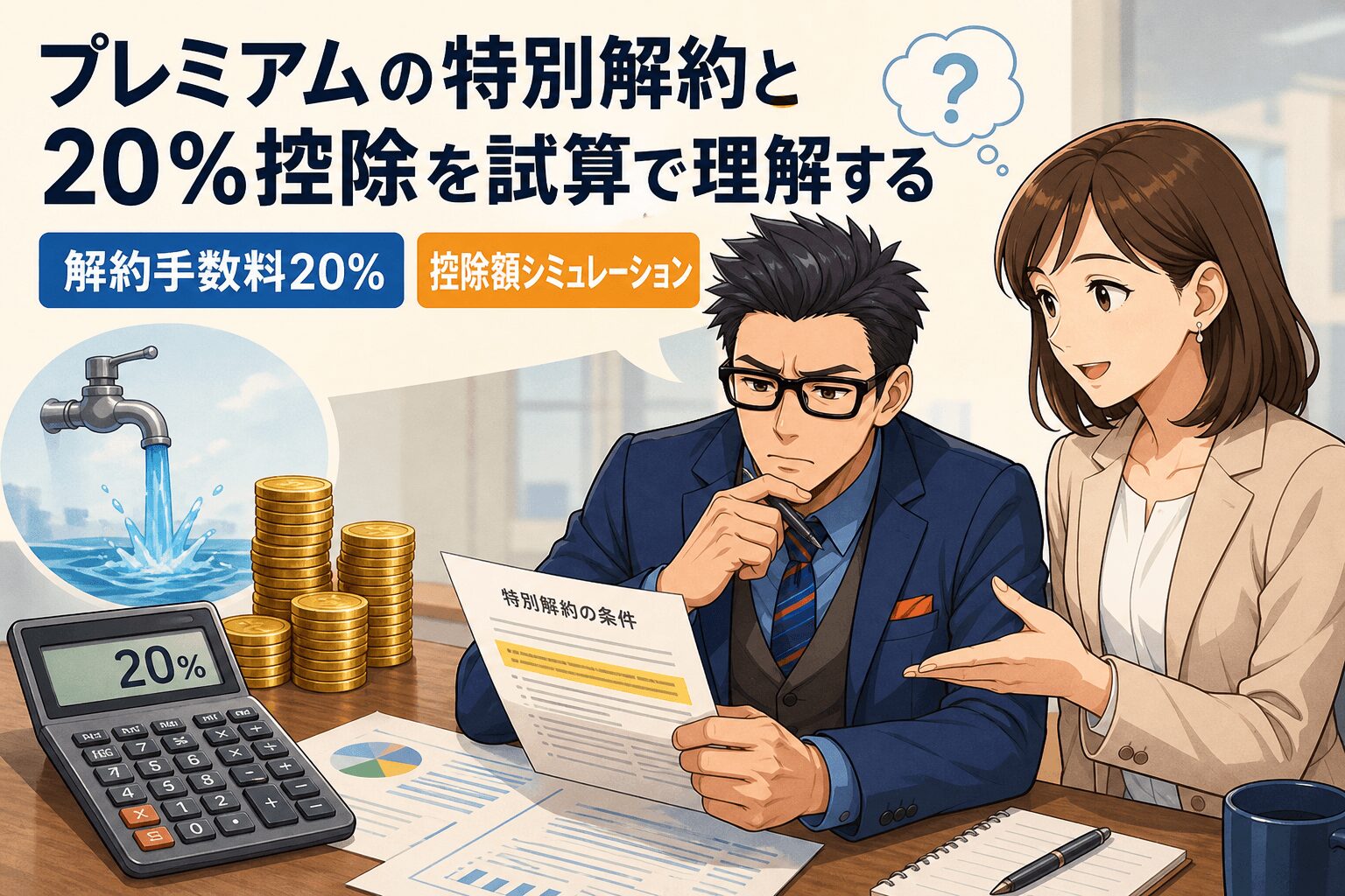 解約で20%損する前に知っておくべきこと!について解約手数料20%や控除額シミュレーションなどの要素を描いたイラスト