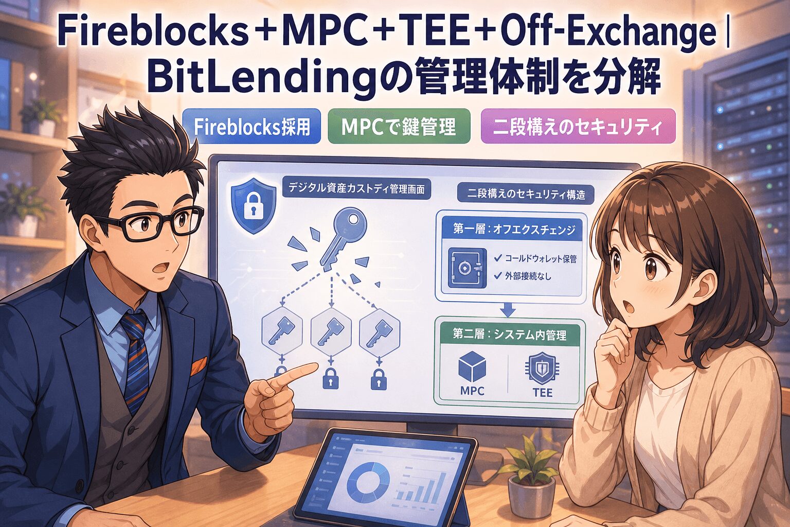 安全性の秘密はここに!についてFireblocks採用やMPCで鍵管理や二段構えのセキュリティなどの要素を描いたイラスト