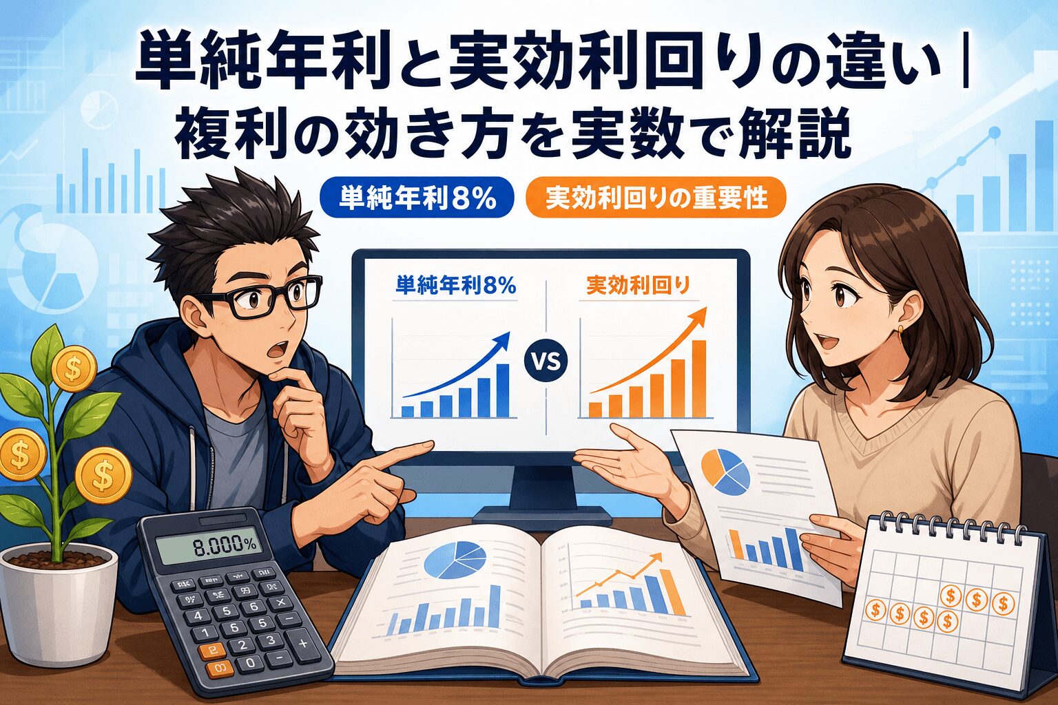 利息の違いを理解しよう!について単純年利8%や実効利回りの重要性などの要素を描いたイラスト