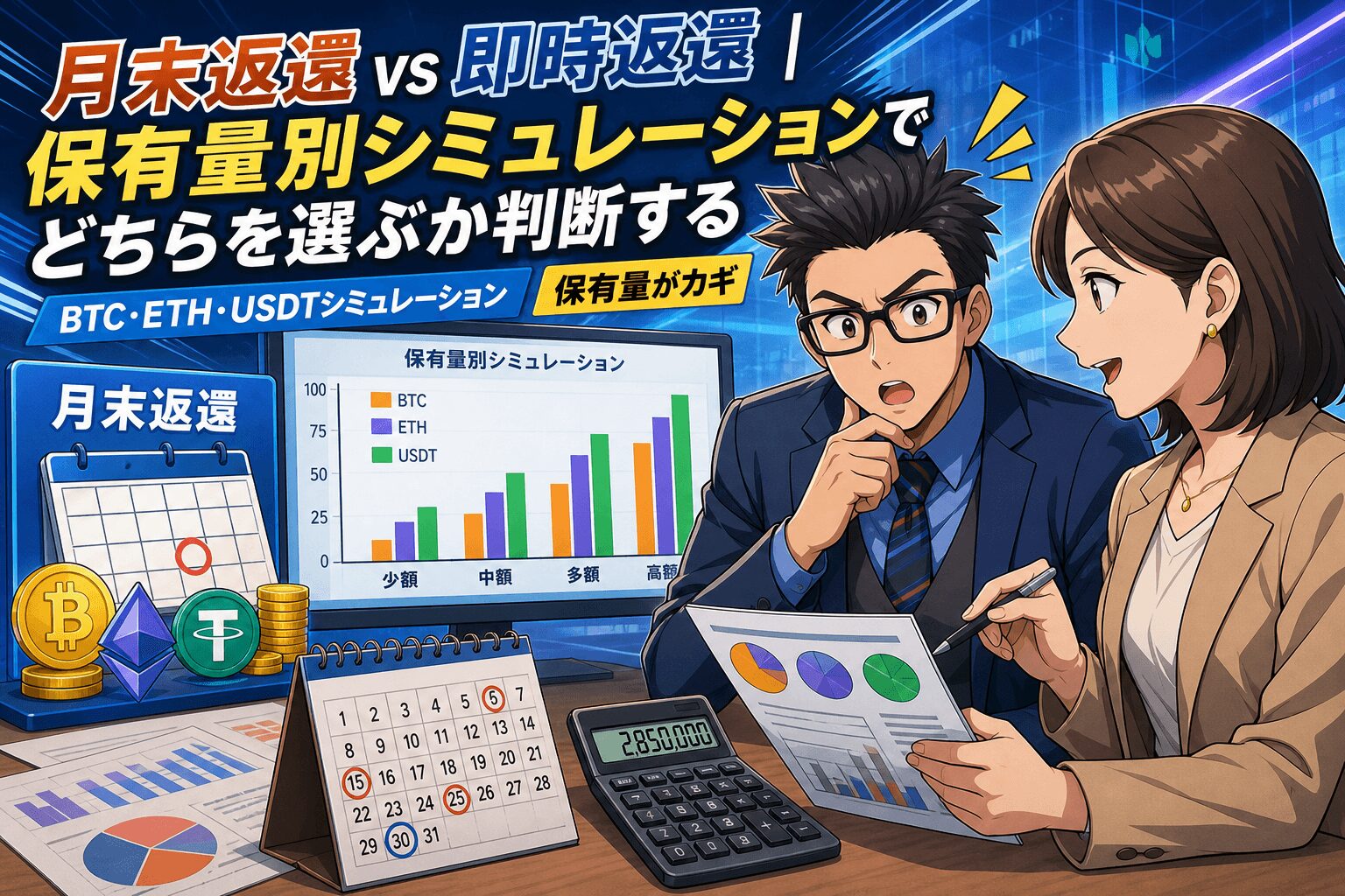 どちらを選ぶ?返還方法の真実についてBTC・ETH・USDTシミュレーションや保有量がカギなどの要素を描いたイラスト