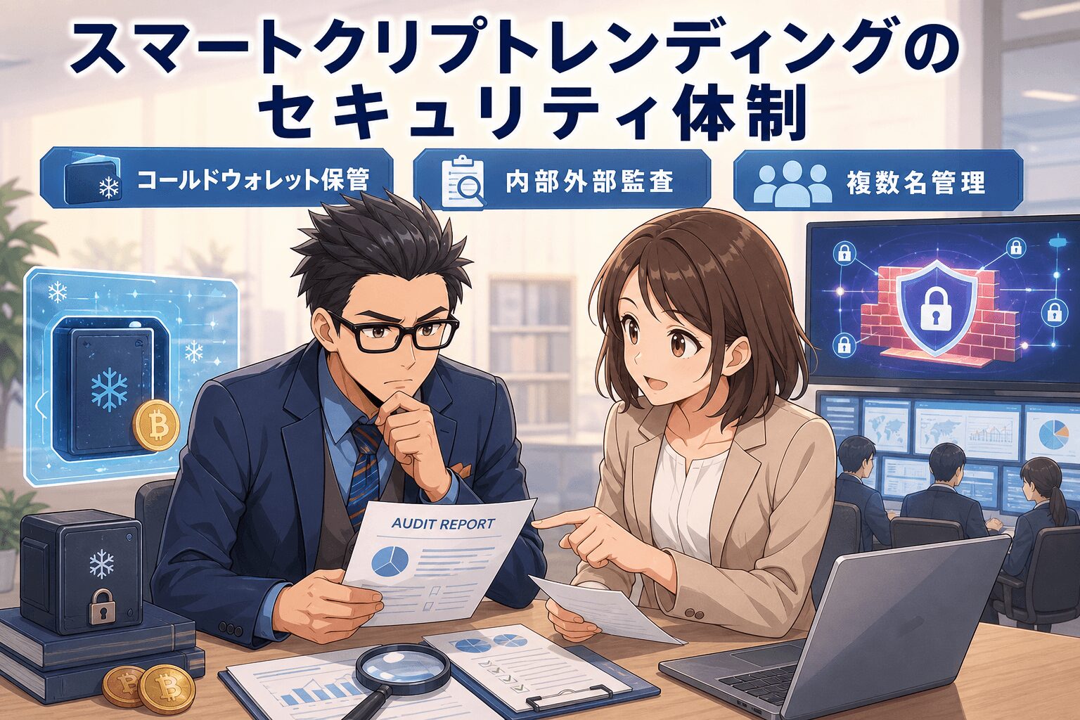 資産を守るための最善策とは?についてコールドウォレット保管や内部外部監査や複数名管理などの要素を描いたイラスト