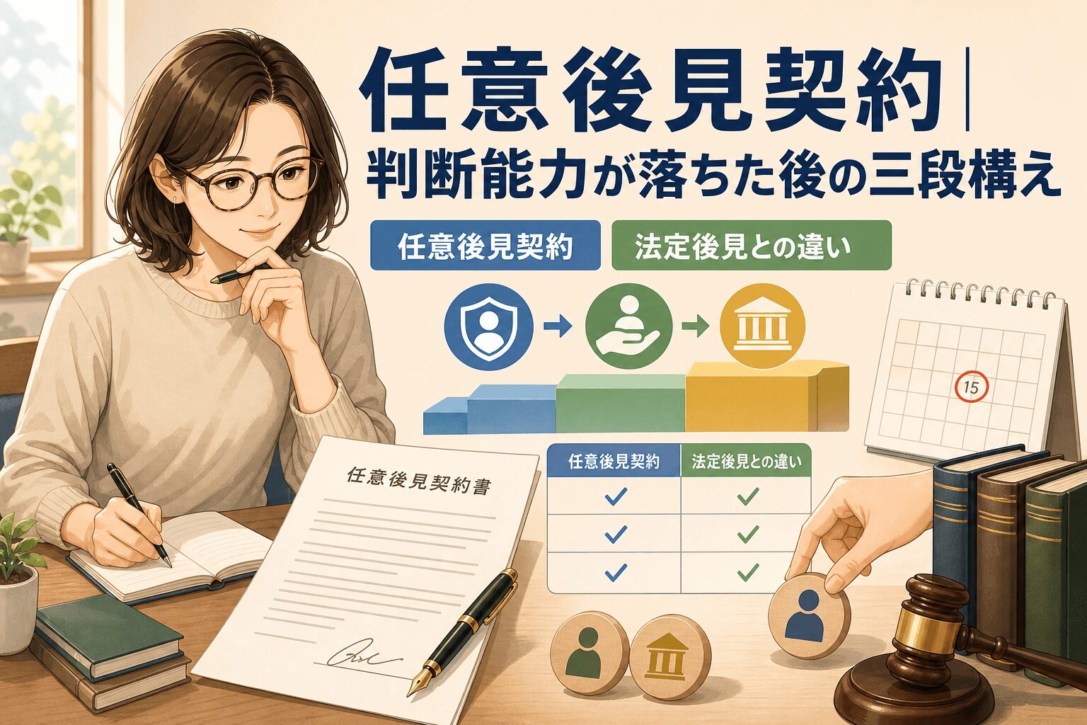 自分で選べる安心の備えについて任意後見契約や法定後見との違いなどの要素を描いたイラスト