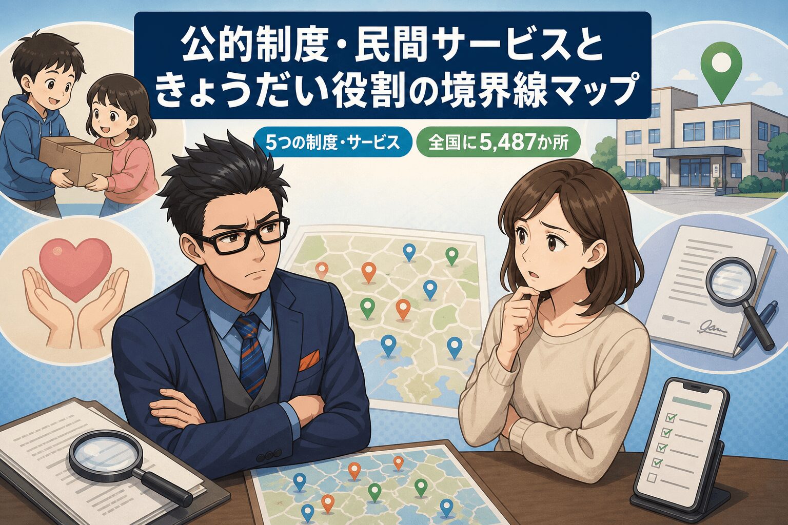 家族の枠を超えたサポートの選択肢について5つの制度・サービスや全国に5,487か所などの要素を描いたイラスト